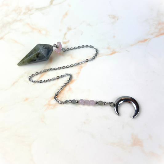 Labradorite and rose quartz Moon sakura pendulum, stainless steel