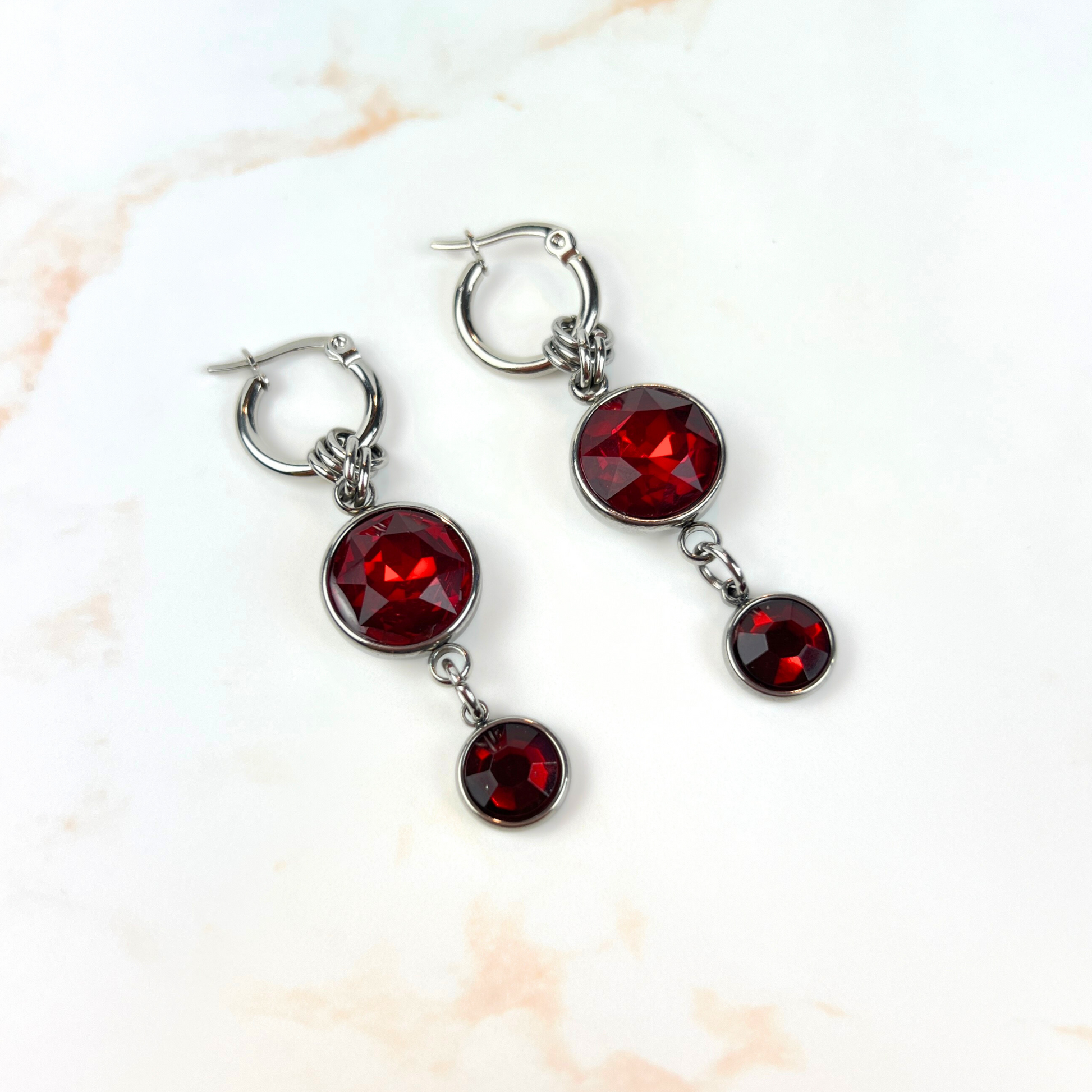 The Femme fatale earrings, rhinestones dangle and drop hoops, stainless steel Baguette Magick