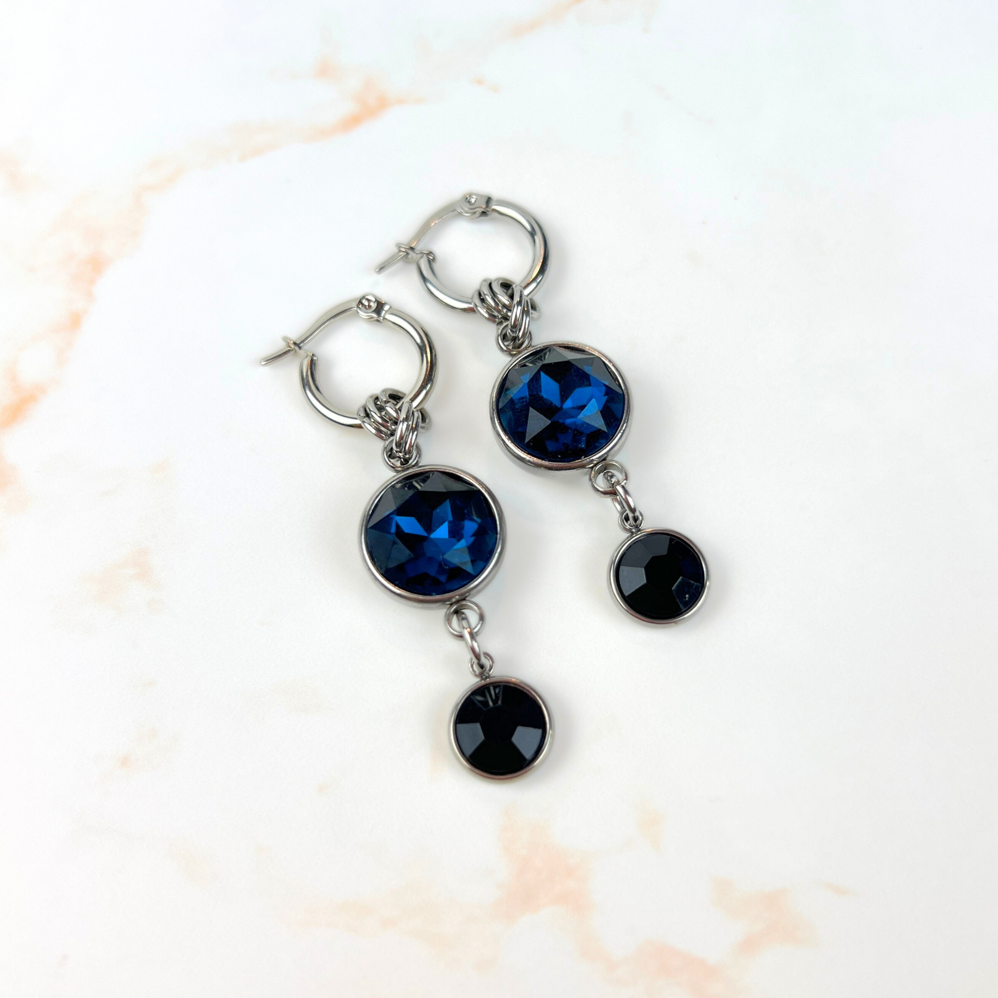 The Femme fatale earrings, rhinestones dangle and drop hoops, stainless steel Baguette Magick