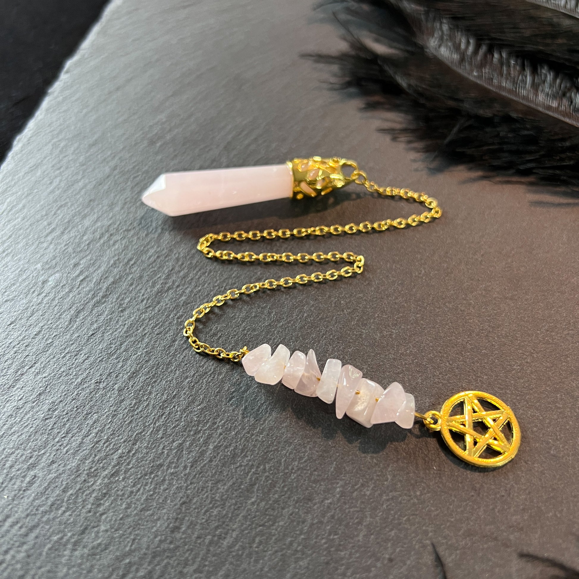 Gemstone pendulum rose quartz and pentacle gold tone wiccan divination tool for pagan witchcraft