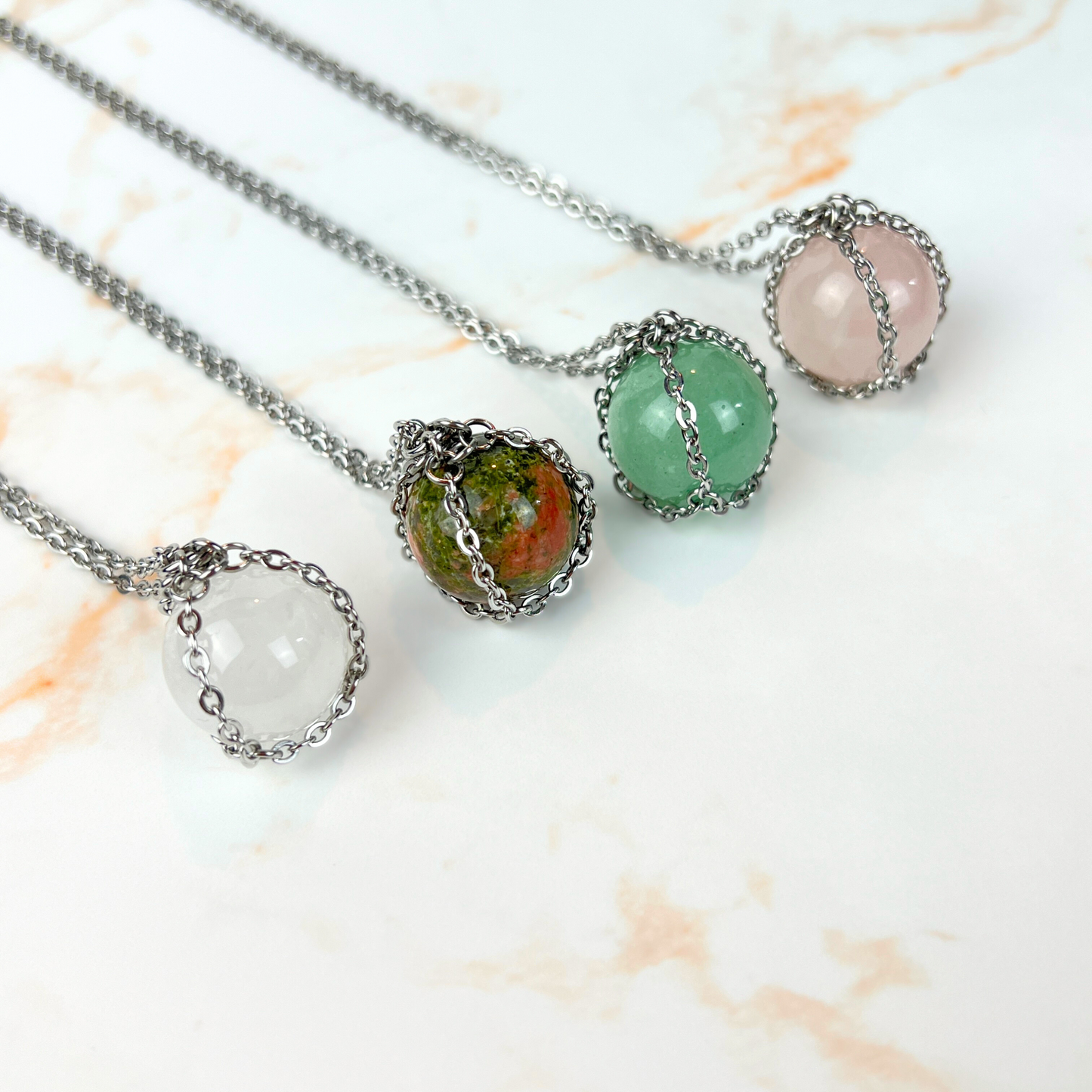 Crystal ball necklace, stainless steel and Unakite, Rose Quartz, Aventurine or Quartz Baguette Magick