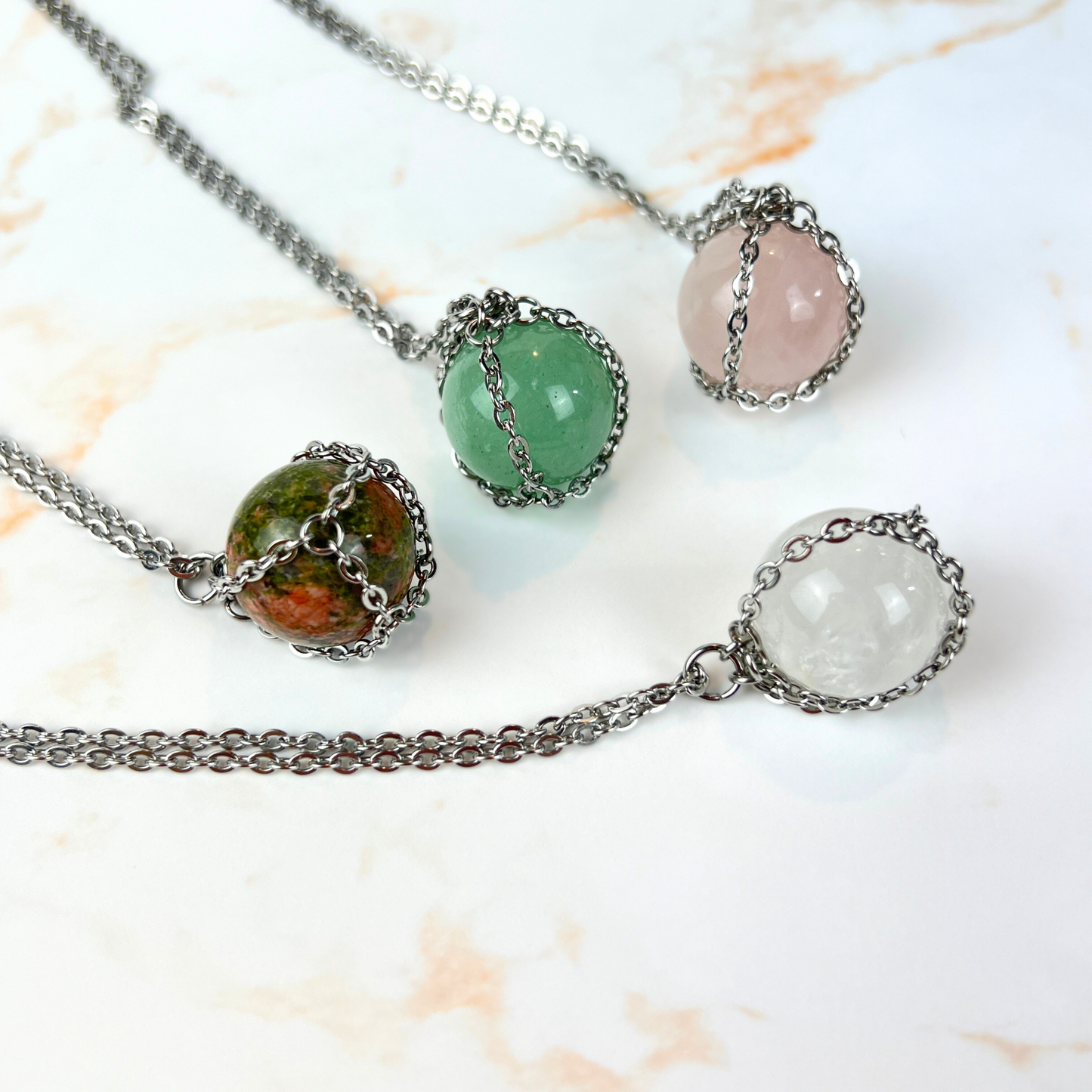 Crystal ball necklace, stainless steel and Unakite, Rose Quartz, Aventurine or Quartz Baguette Magick