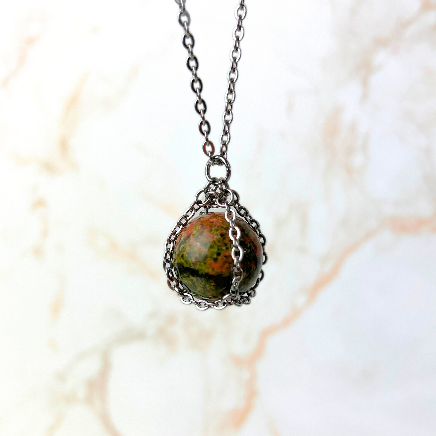 Crystal ball necklace, stainless steel and Unakite, Rose Quartz, Aventurine or Quartz Baguette Magick