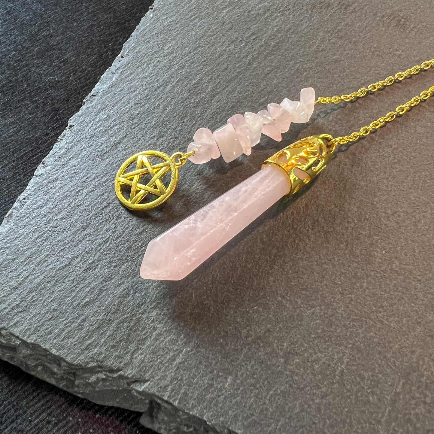 Gemstone pendulum rose quartz and pentacle gold tone wiccan divination tool for pagan witchcraft