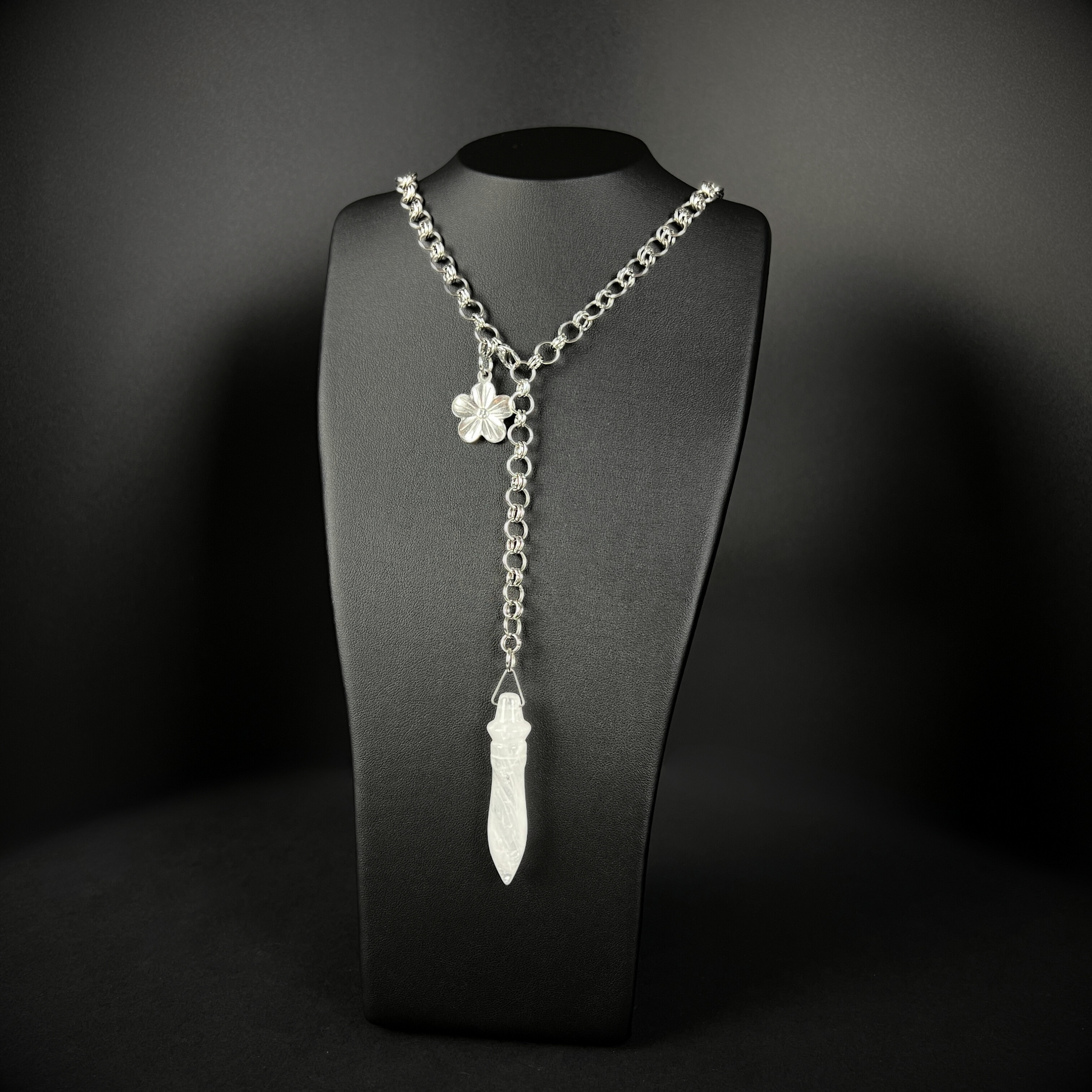 Quartz and flower Thot pendulum necklace, adjustable stainless steel chain Baguette Magick