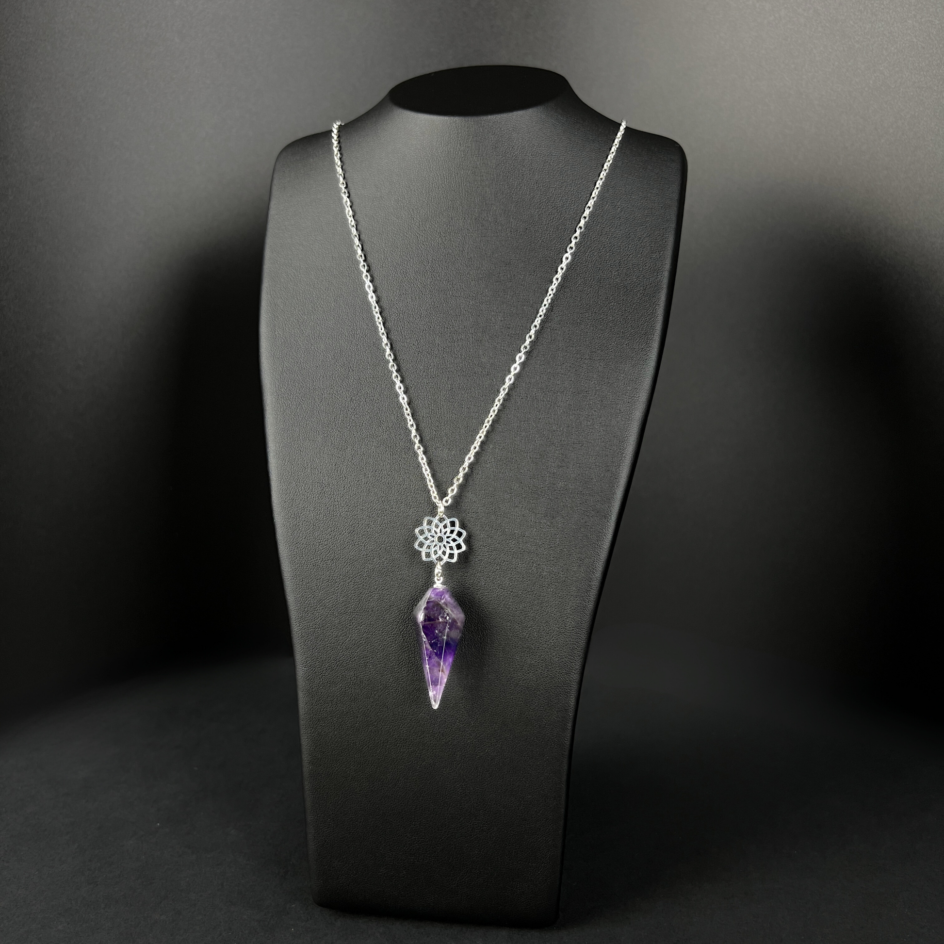 Amethyst and sacred geometry mandala pendulum necklace, stainless steel Baguette Magick