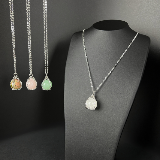 Crystal ball necklace, stainless steel and Unakite, Rose Quartz, Aventurine or Quartz