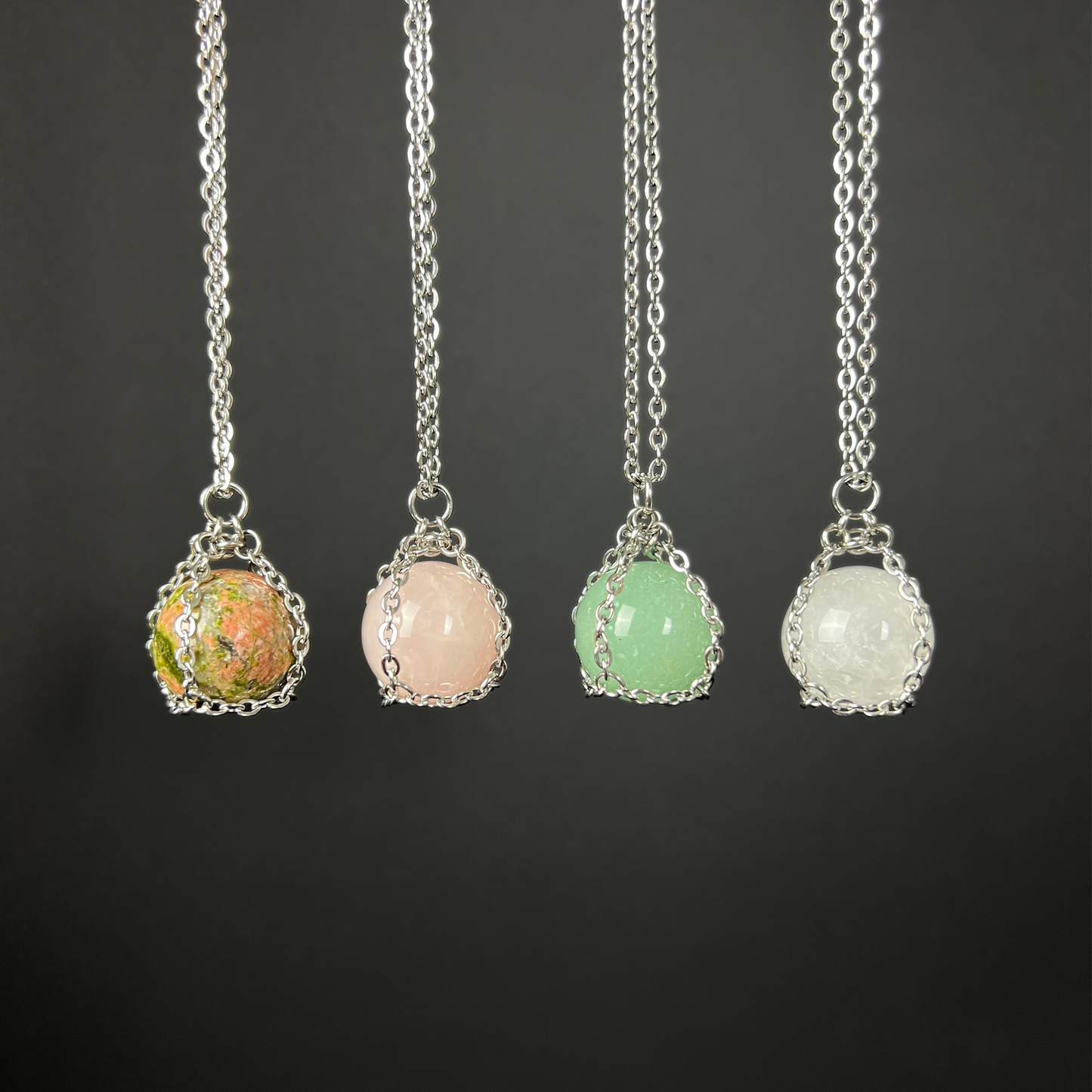 Crystal ball necklace, stainless steel and Unakite, Rose Quartz, Aventurine or Quartz Baguette Magick