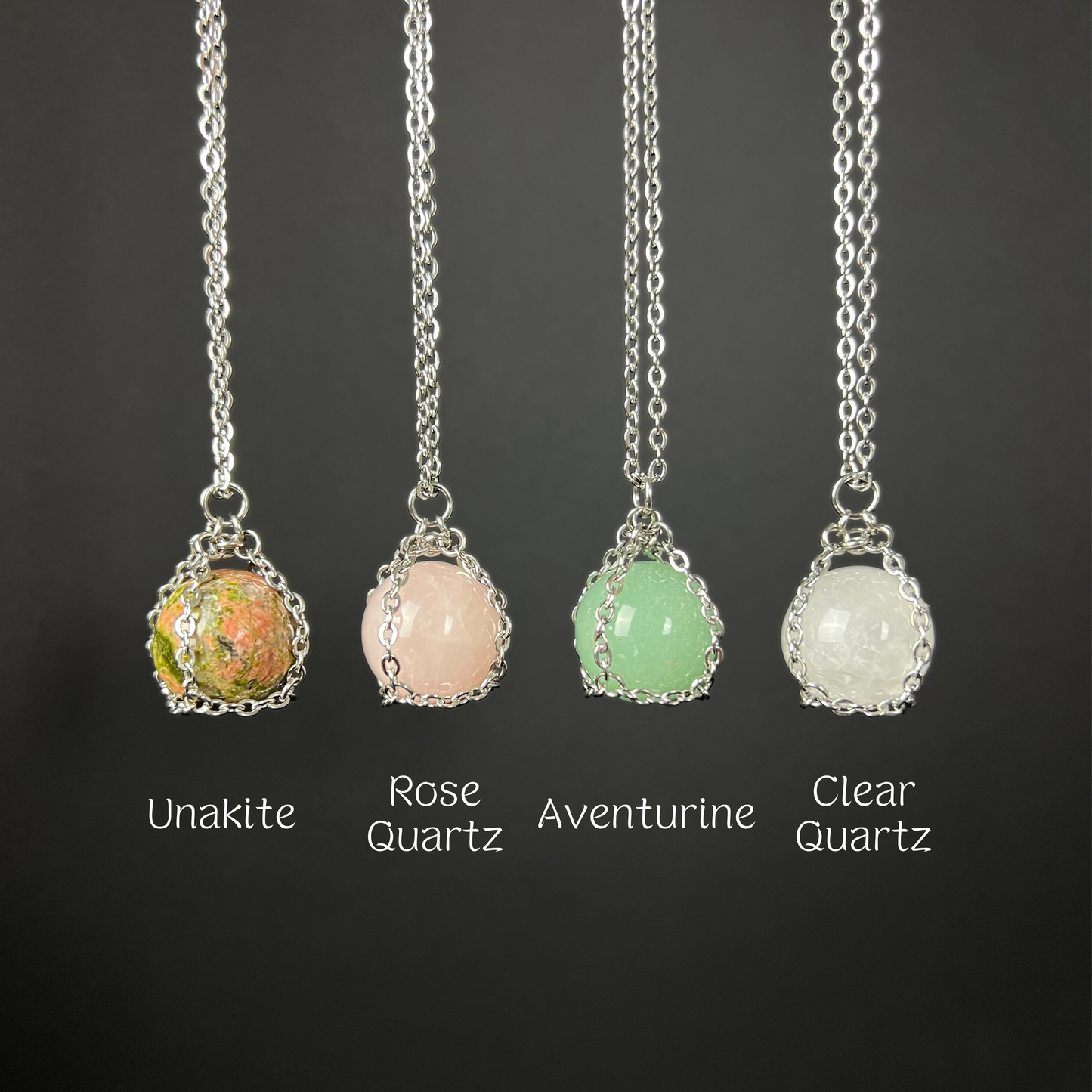 Crystal ball necklace, stainless steel and Unakite, Rose Quartz, Aventurine or Quartz Baguette Magick