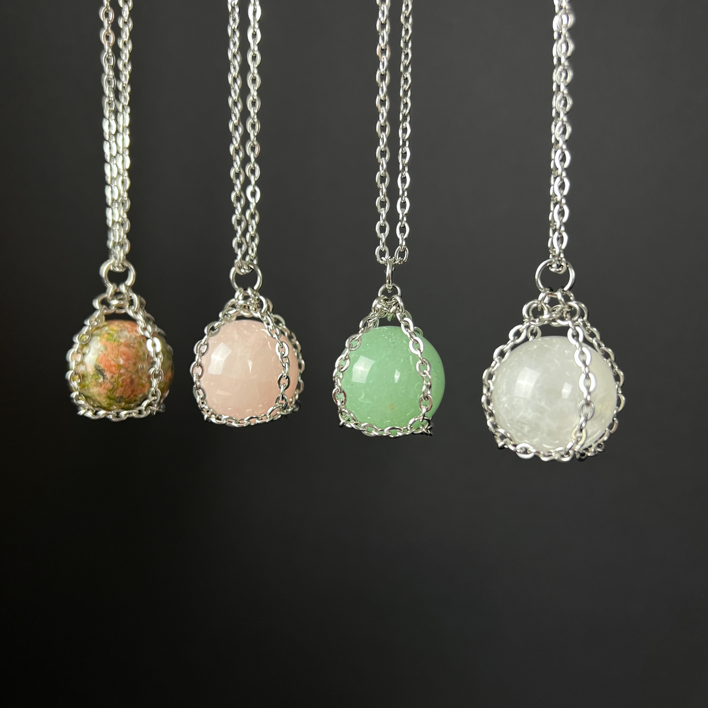 Crystal ball necklace, stainless steel and Unakite, Rose Quartz, Aventurine or Quartz Baguette Magick