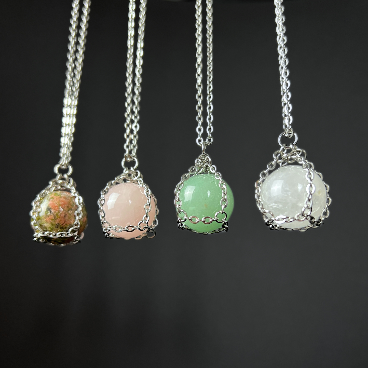 Crystal ball necklace, stainless steel and Unakite, Rose Quartz, Aventurine or Quartz Baguette Magick