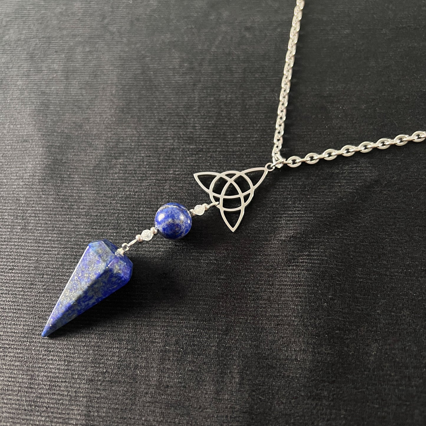 lapis lazuli moonstone celtic triquetra pendulum necklace for witch witchcraft pagan divination jewelry the french witch