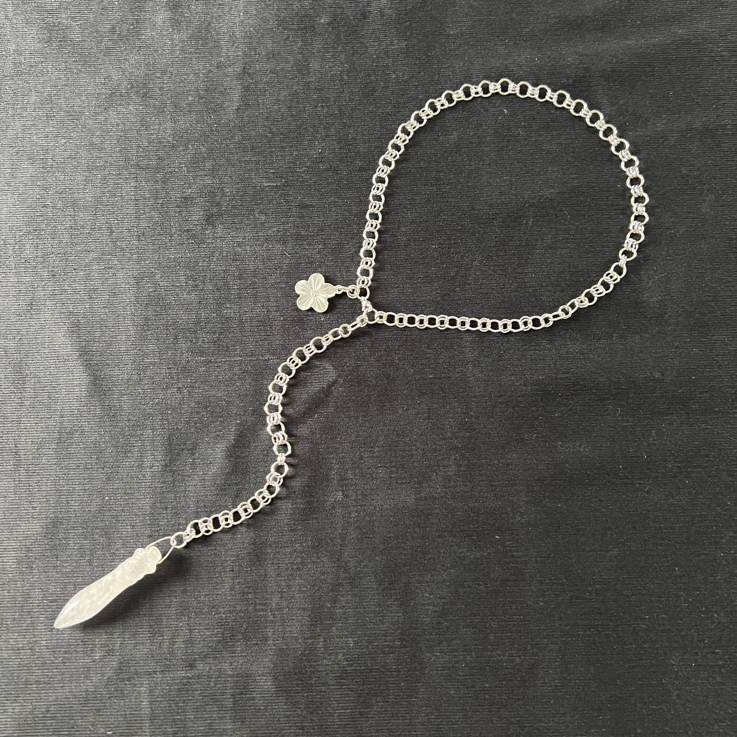 Quartz and flower Thot pendulum necklace, adjustable stainless steel chain Baguette Magick