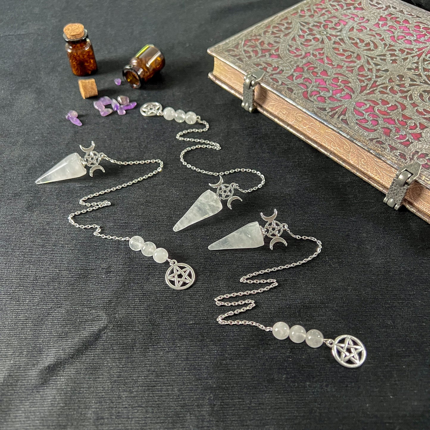 Triple Moon and Pentacle dowsing pendulum clear quartz or amethyst Baguette Magick