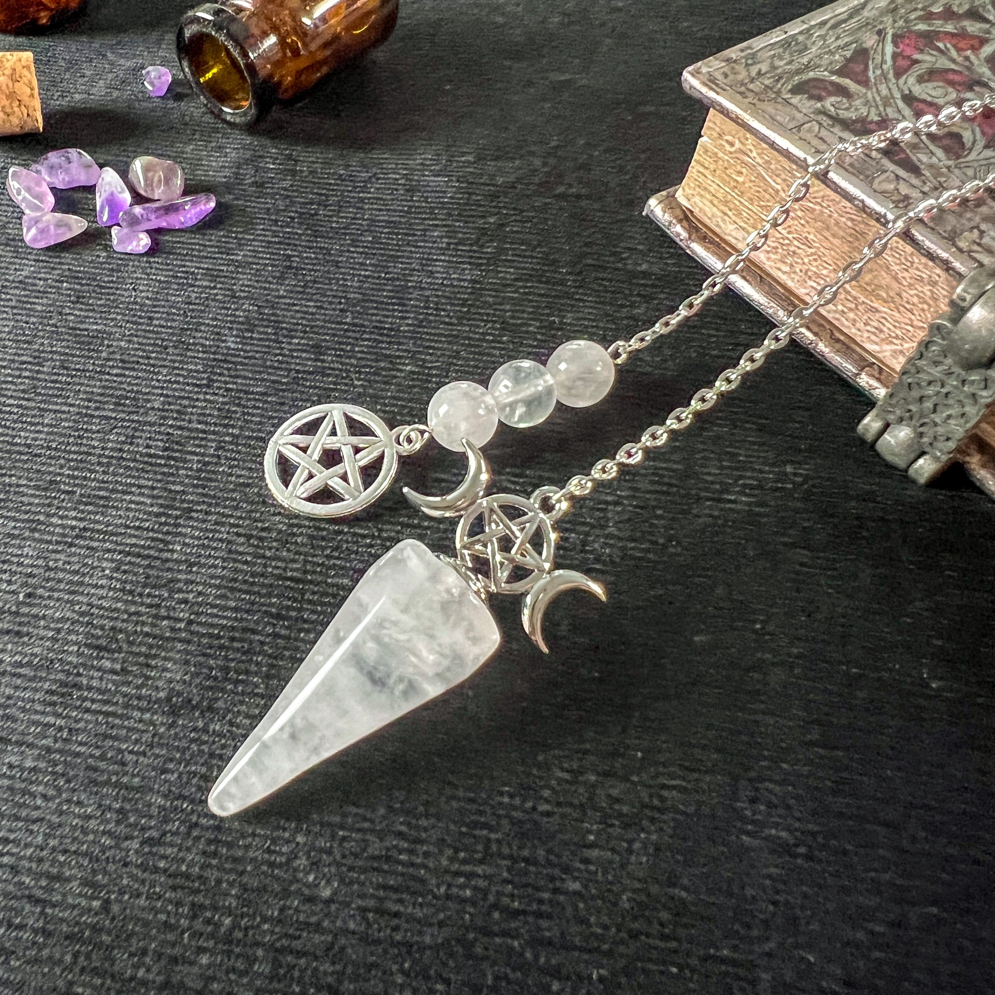 Triple Moon and Pentacle dowsing pendulum clear quartz or amethyst Baguette Magick