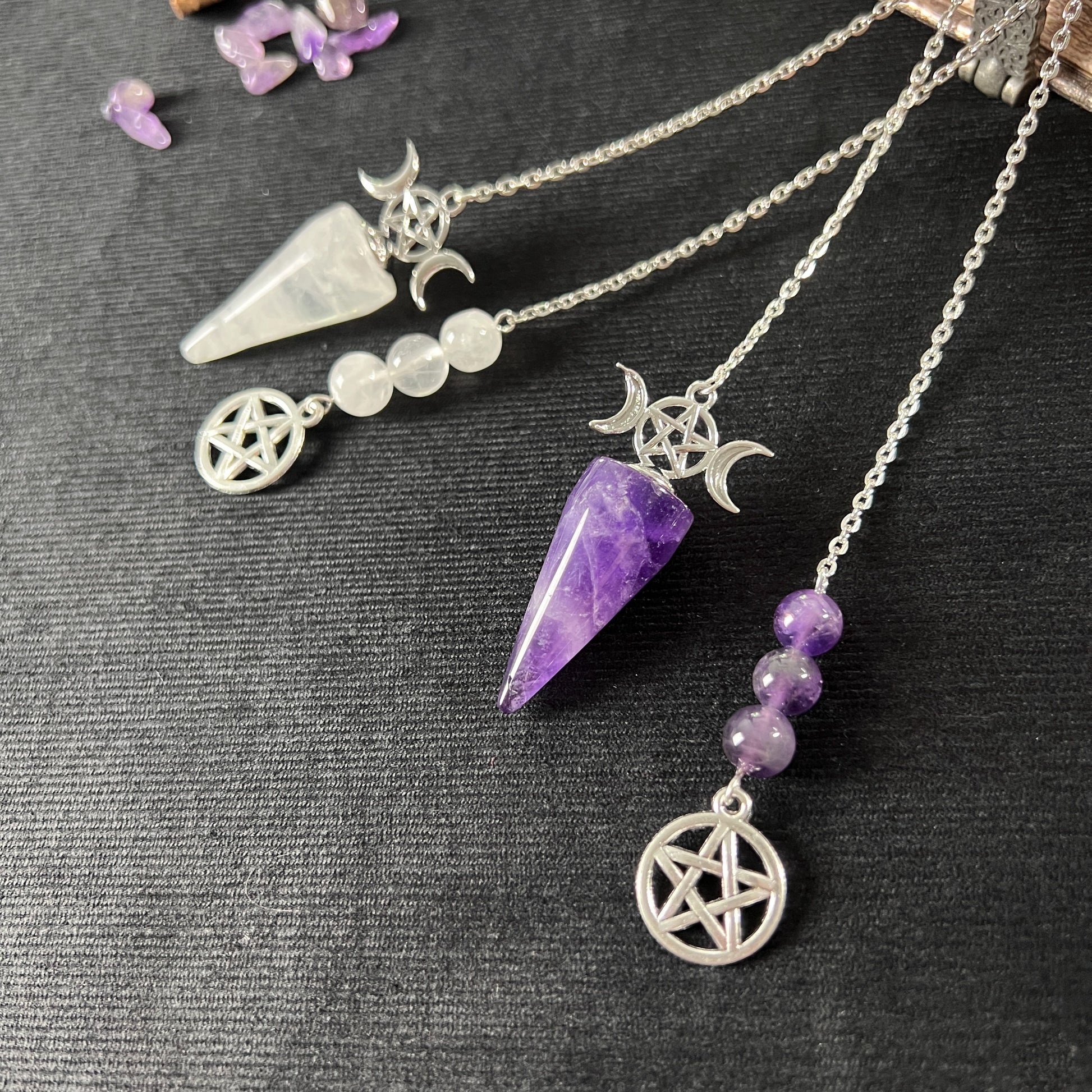gemstone divination dowsing pendulum triple moon pentacle wiccan pagan witch wizard tool amethyst clear quartz