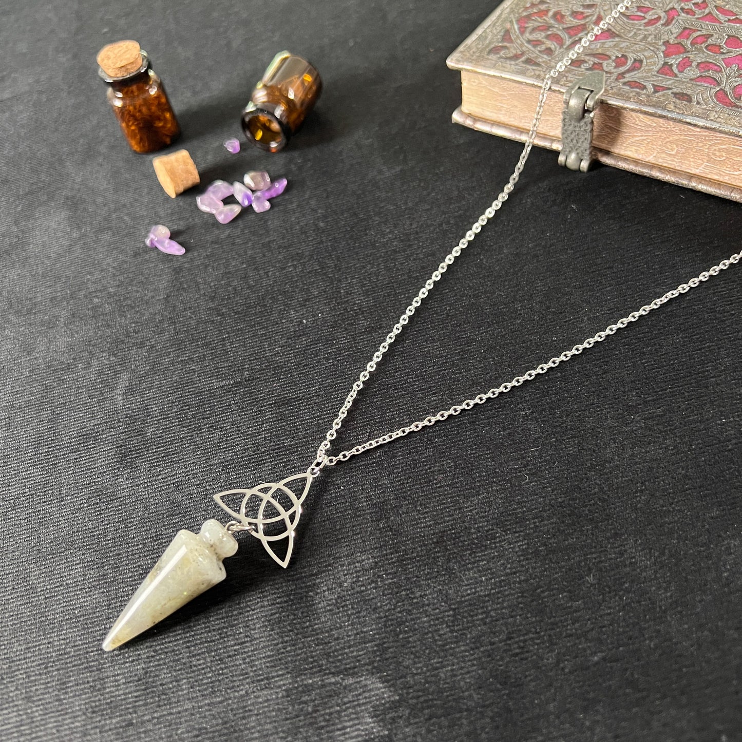 Triquetra labradorite pendulum necklace Celtic trinity knot jewelry pagan wiccan priestess pendant divination tool necklace