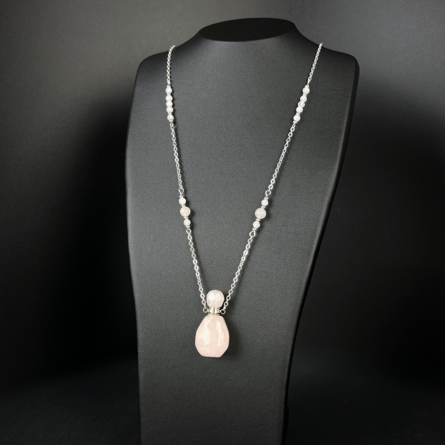 Perfume and potion bottle necklace in rose quartz and stainless steel