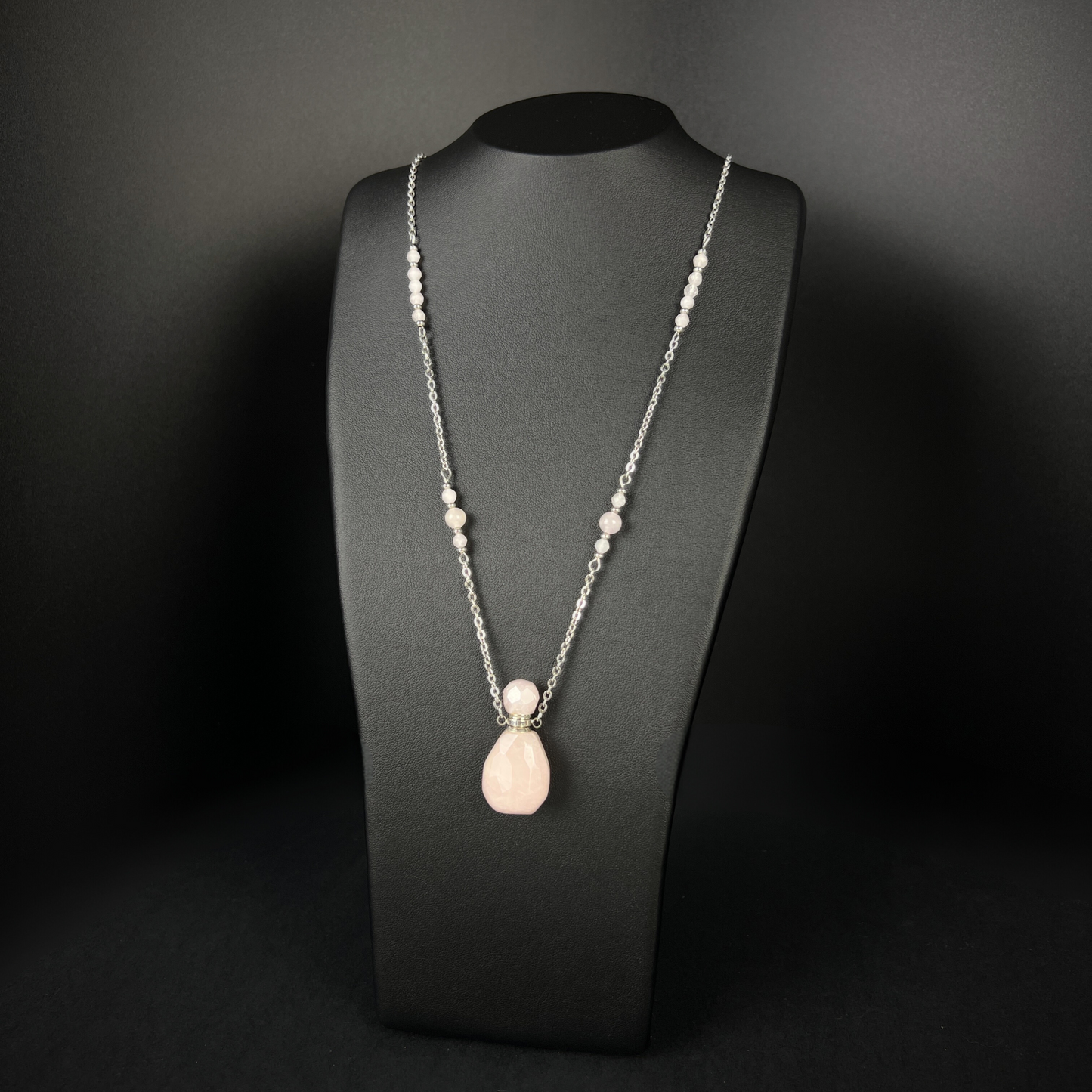 Perfume and potion bottle necklace in rose quartz and stainless steel