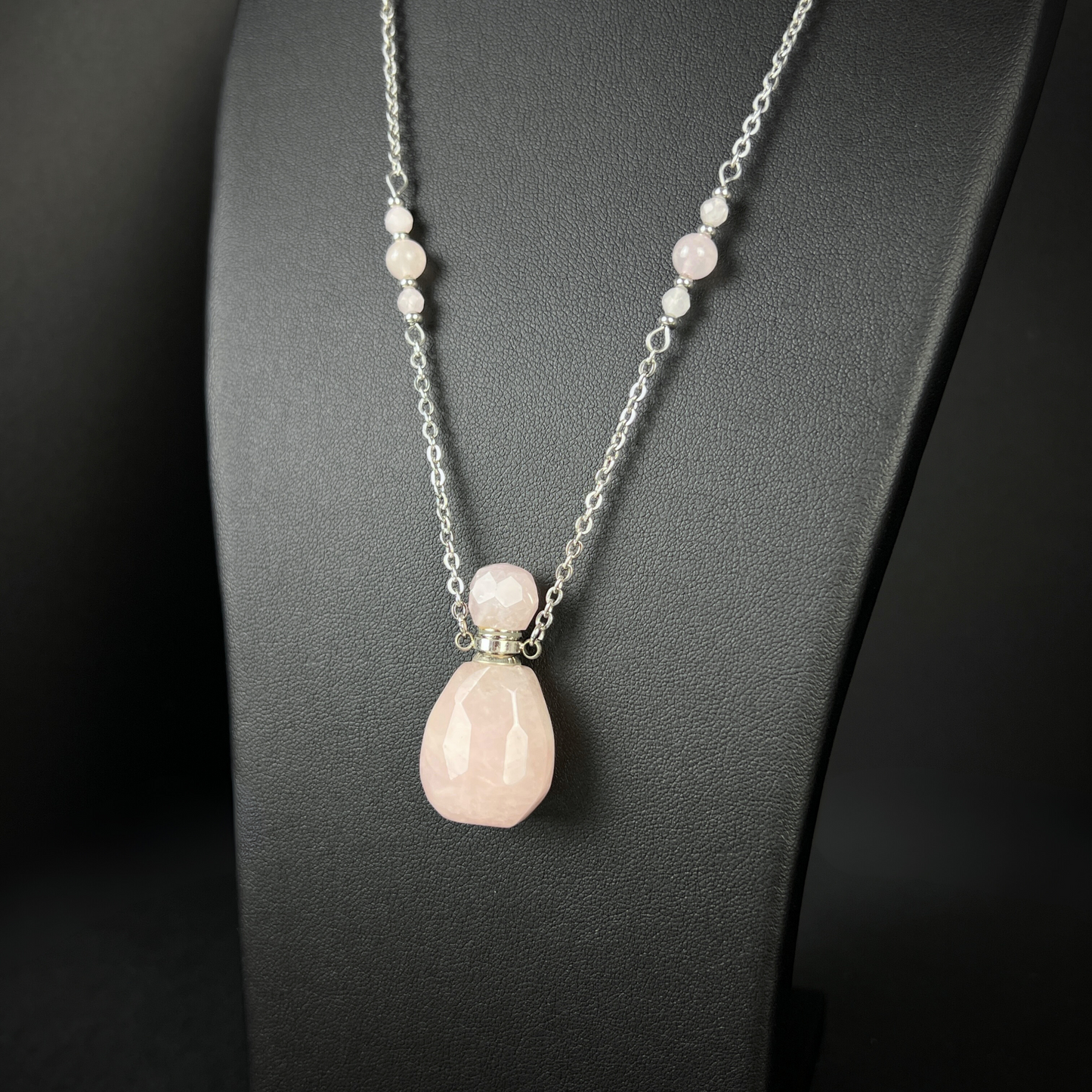 Perfume and potion bottle necklace in rose quartz and stainless steel