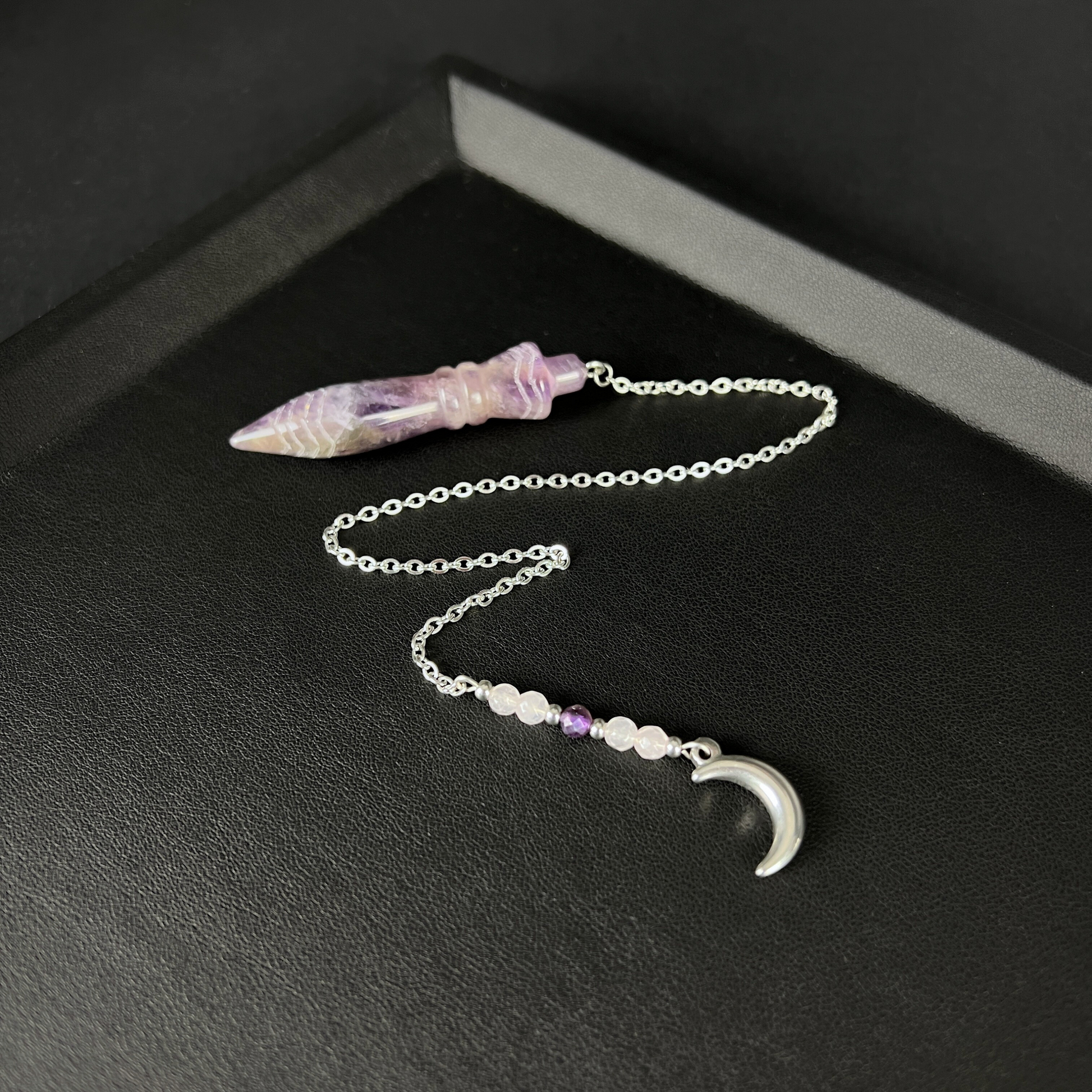 Engraved Egyptian Thot pendulum, Amethyst, Rose Quartz, stainless steel, Moon crescent charm Baguette Magick