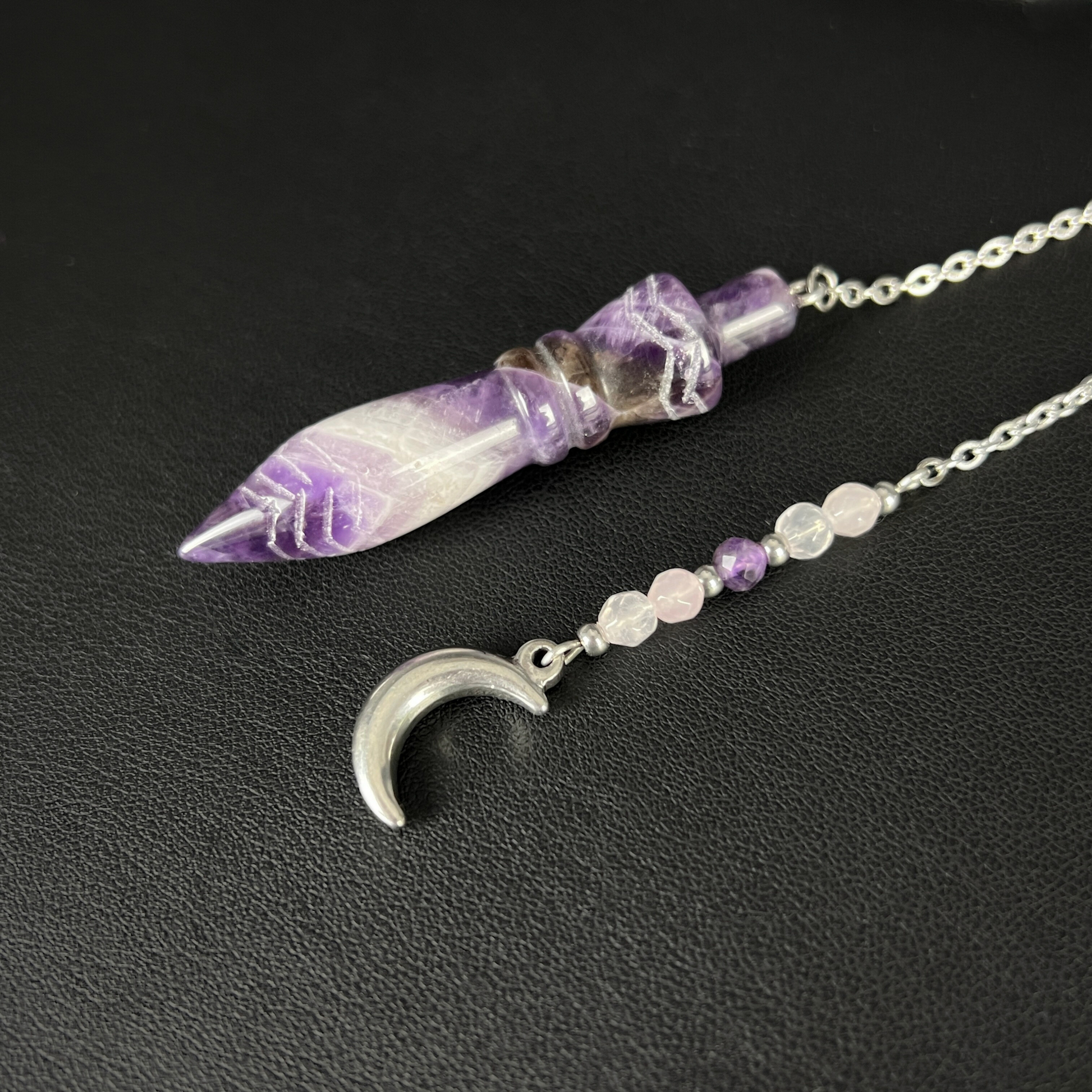 Engraved Egyptian Thot pendulum, Amethyst, Rose Quartz, stainless steel, Moon crescent charm Baguette Magick