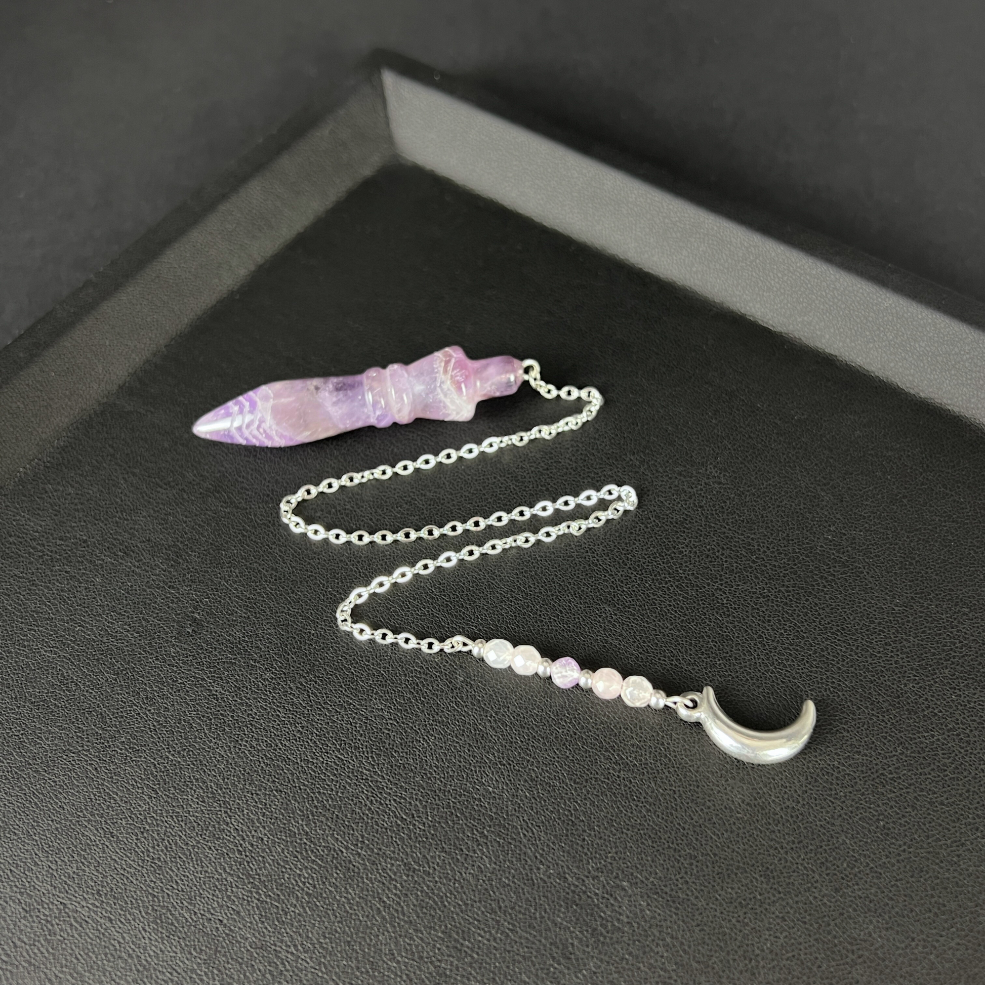 Engraved Egyptian Thot pendulum, Amethyst, Rose Quartz, stainless steel, Moon crescent charm Baguette Magick