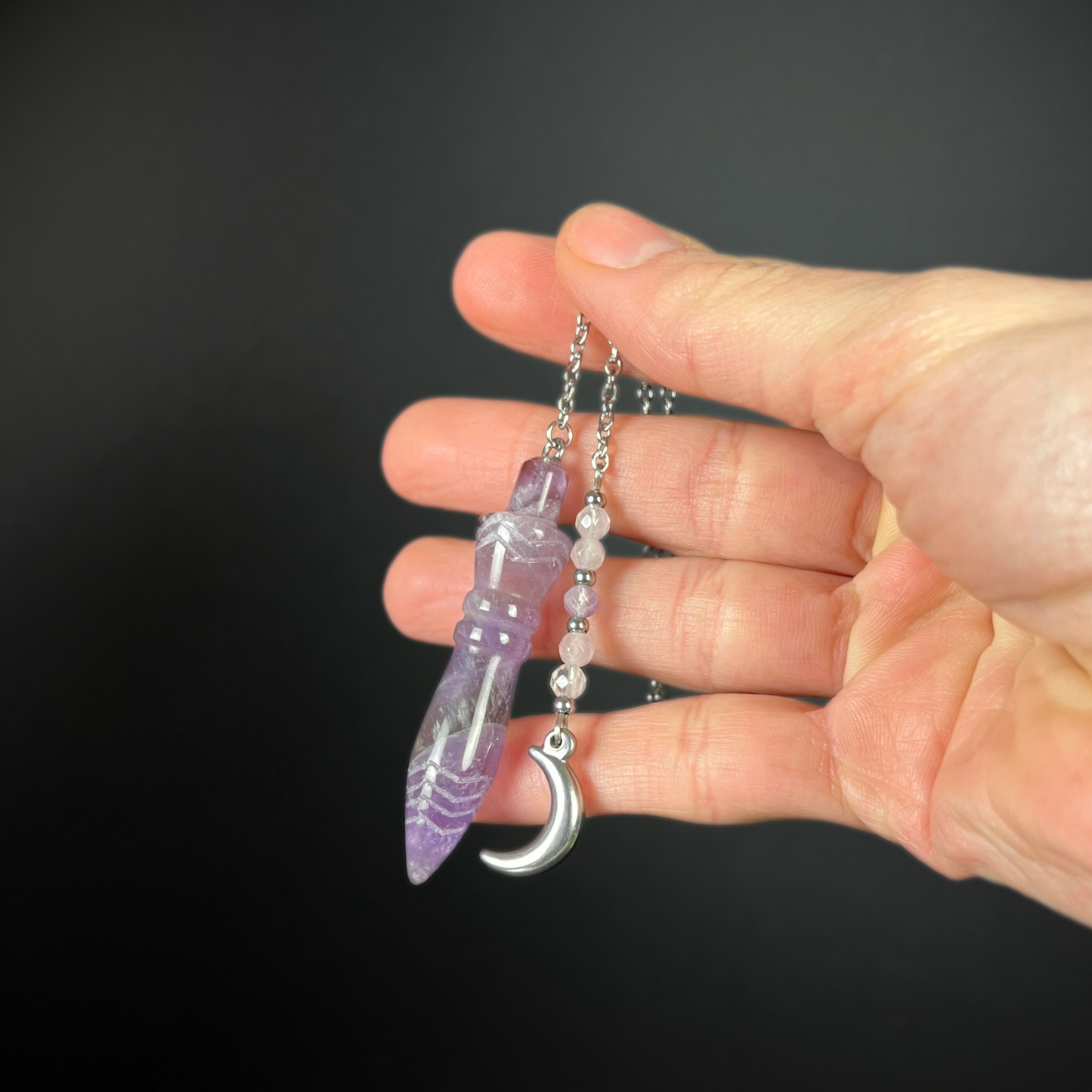 Engraved Egyptian Thot pendulum, Amethyst, Rose Quartz, stainless steel, Moon crescent charm Baguette Magick