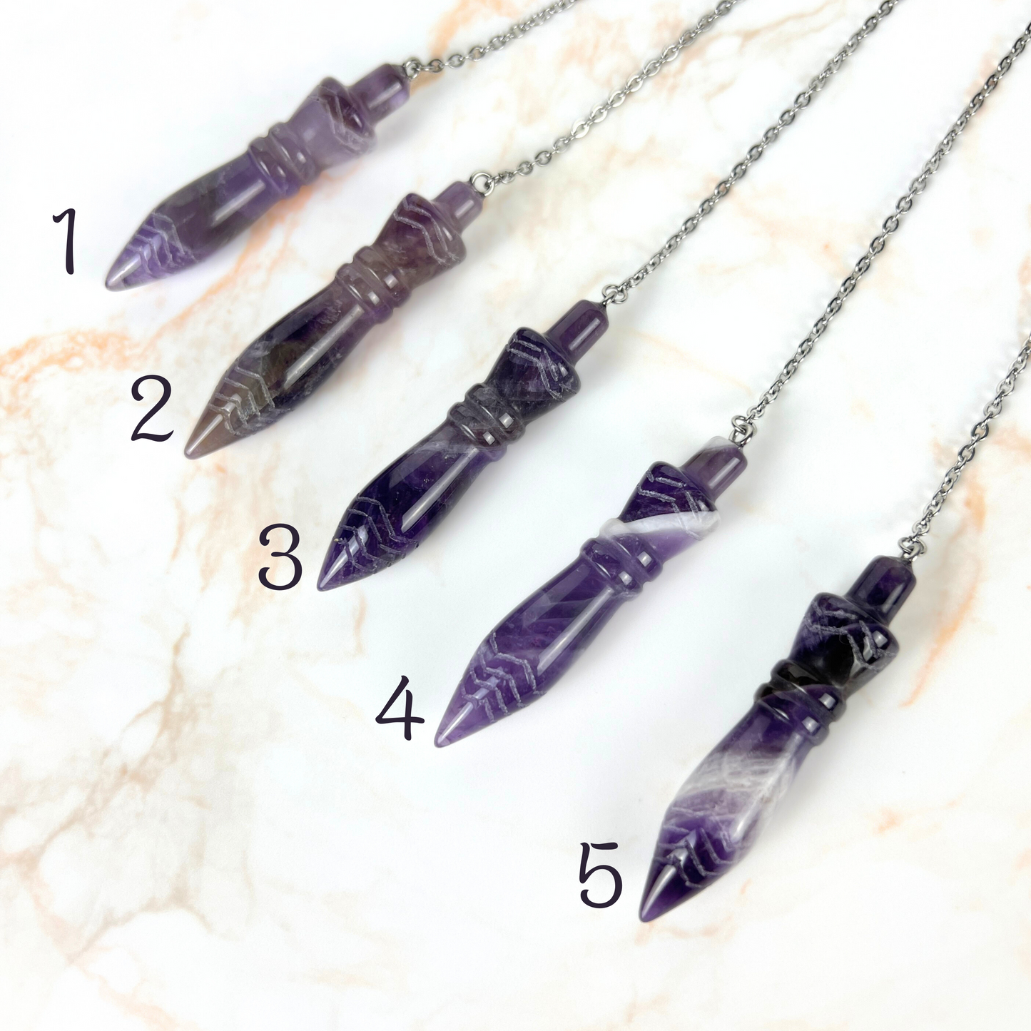 Engraved Egyptian Thot pendulum, Amethyst, Rose Quartz, stainless steel, Moon crescent charm Baguette Magick