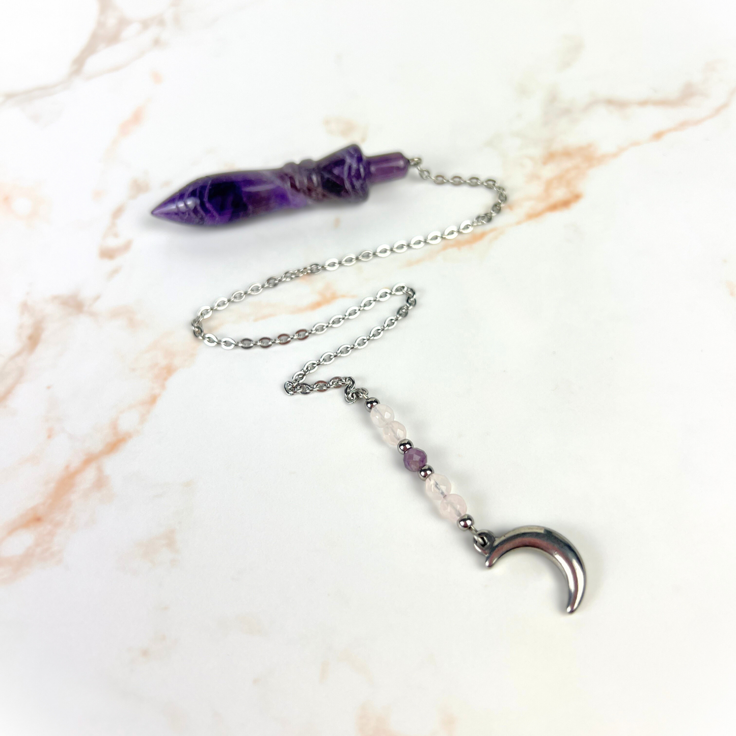 Engraved Egyptian Thot pendulum, Amethyst, Rose Quartz, stainless steel, Moon crescent charm Baguette Magick