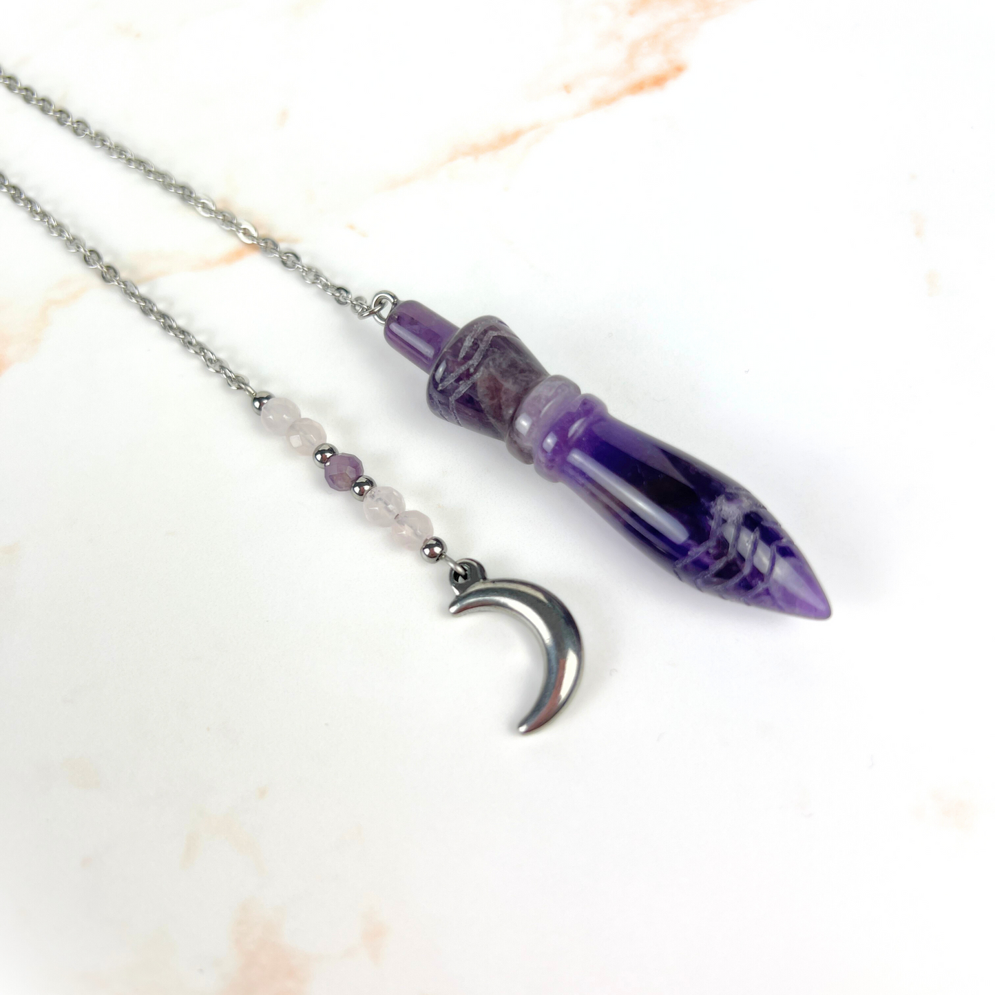 Engraved Egyptian Thot pendulum, Amethyst, Rose Quartz, stainless steel, Moon crescent charm Baguette Magick