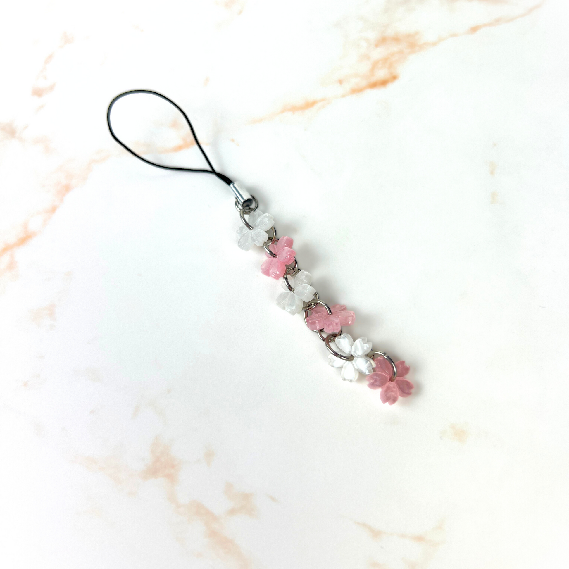 Sakura phone strap, with pink and white cherry blossom flowers Baguette Magick