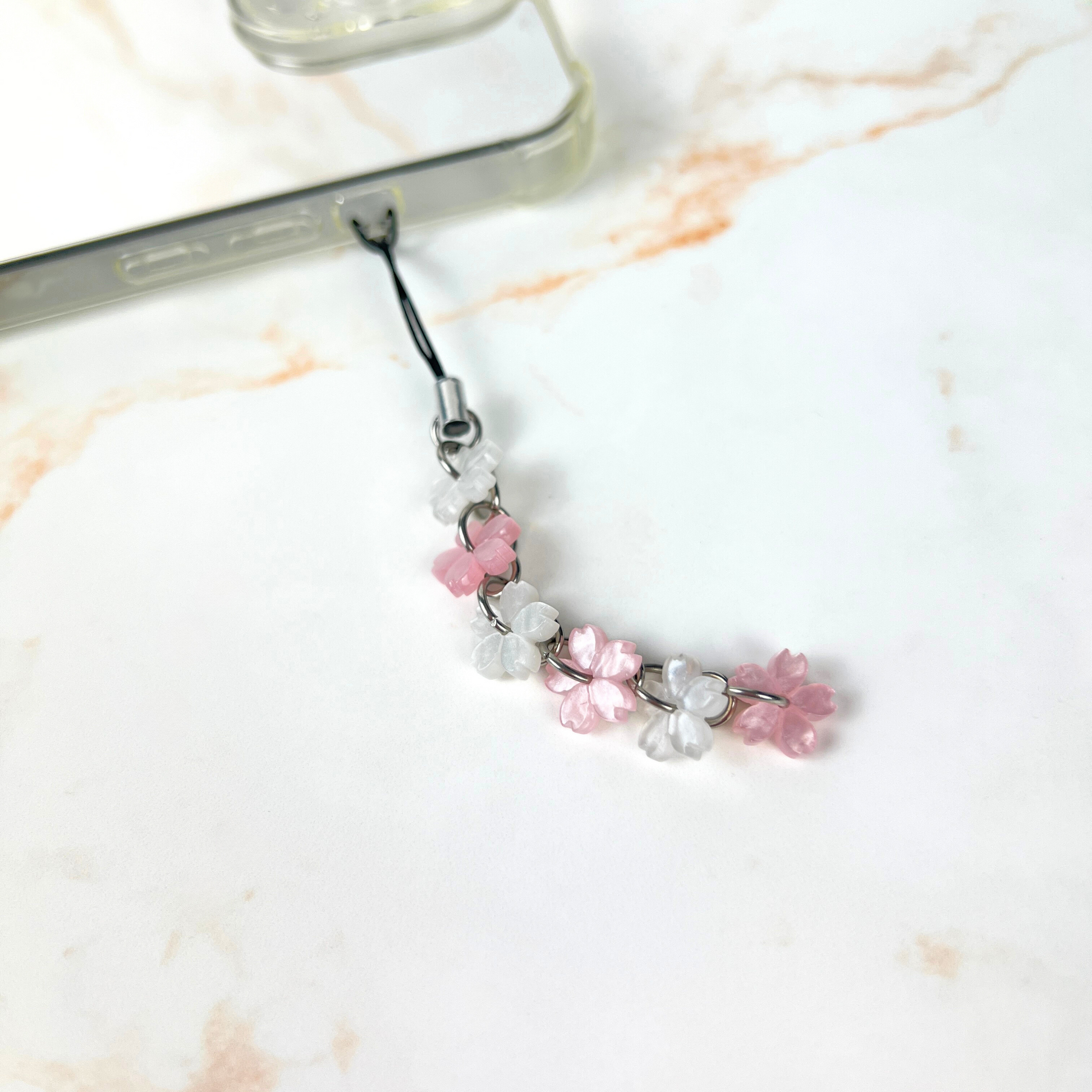 Sakura phone strap, with pink and white cherry blossom flowers Baguette Magick