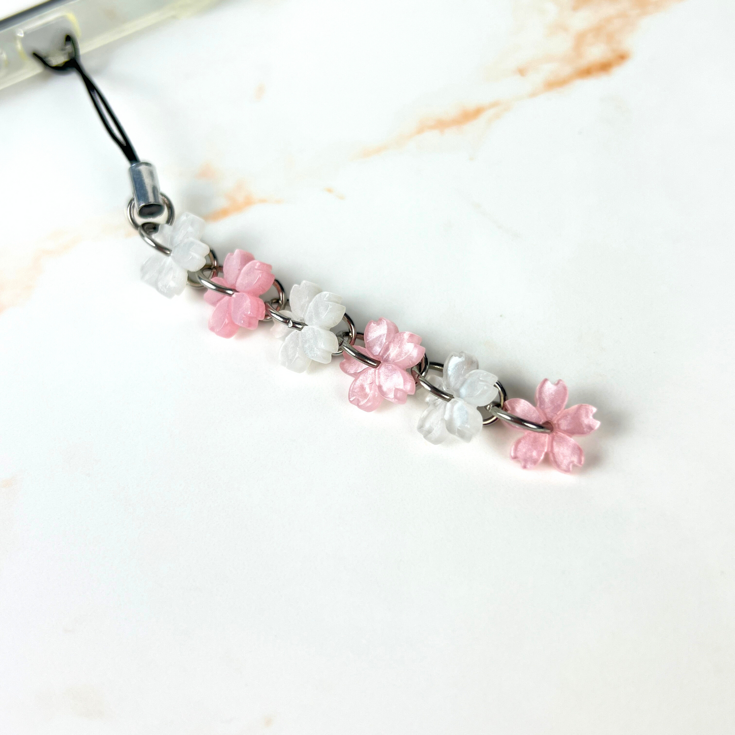 Sakura phone strap, with pink and white cherry blossom flowers Baguette Magick