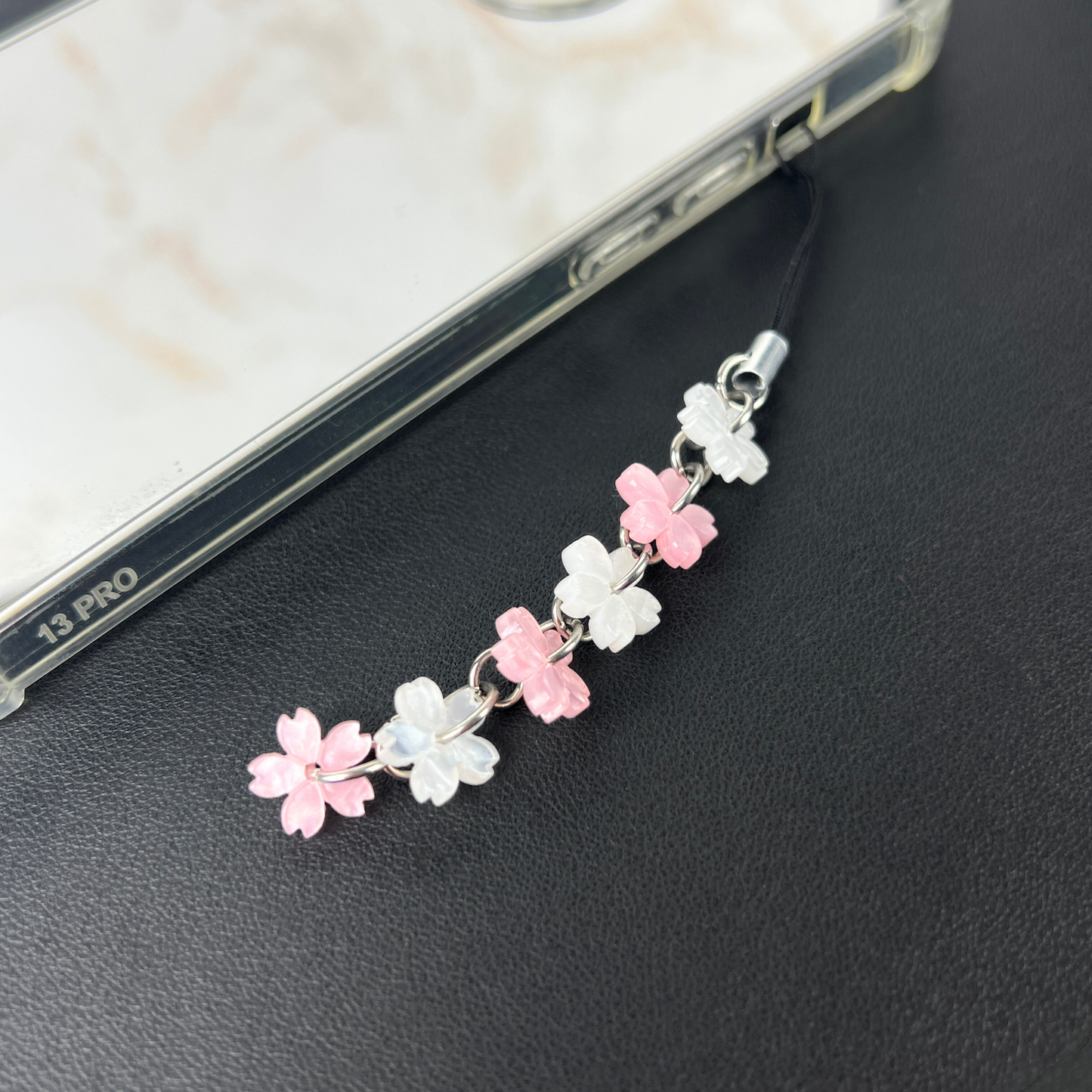 Sakura phone strap, with pink and white cherry blossom flowers Baguette Magick