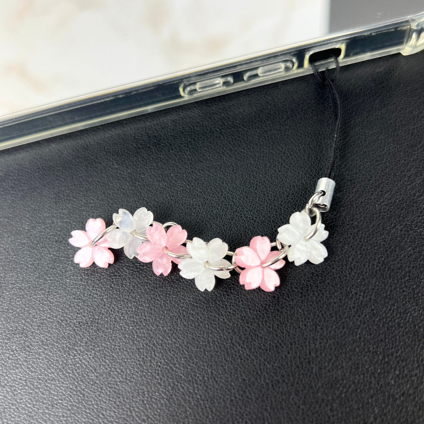 Sakura phone strap, with pink and white cherry blossom flowers Baguette Magick