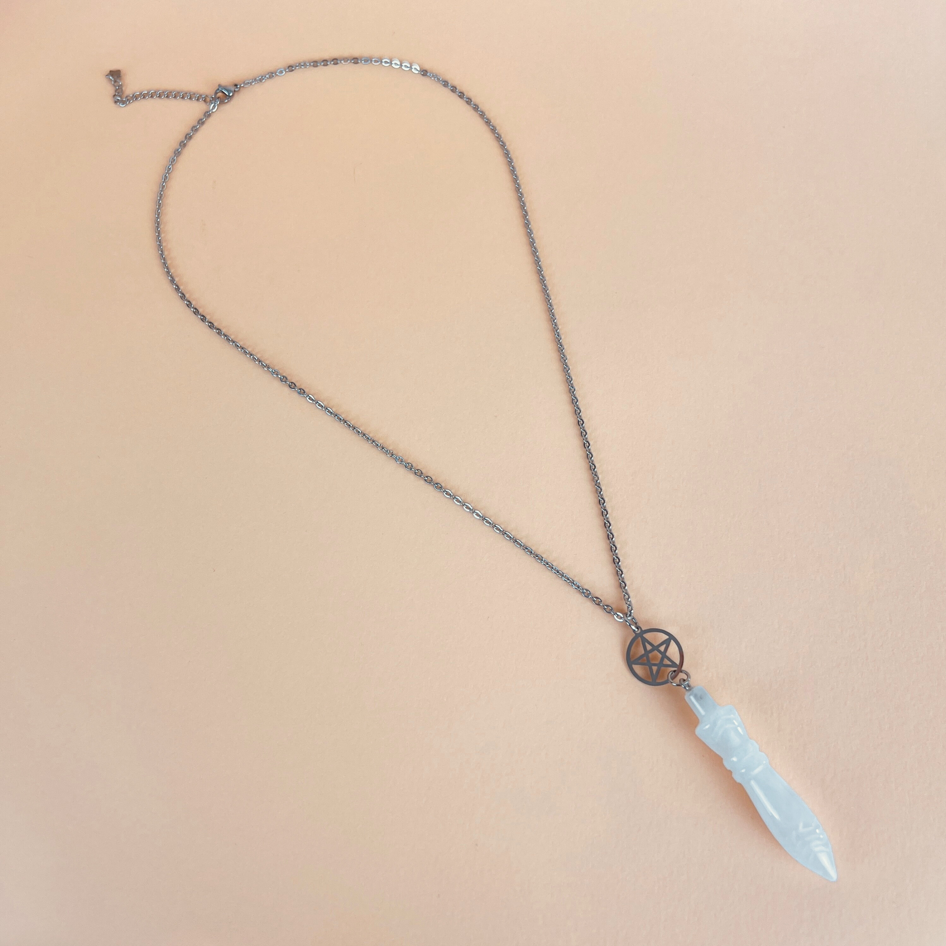 Engraved Egyptian Thot pendulum necklace, clear quartz, pentacle, stainless steel Baguette Magick