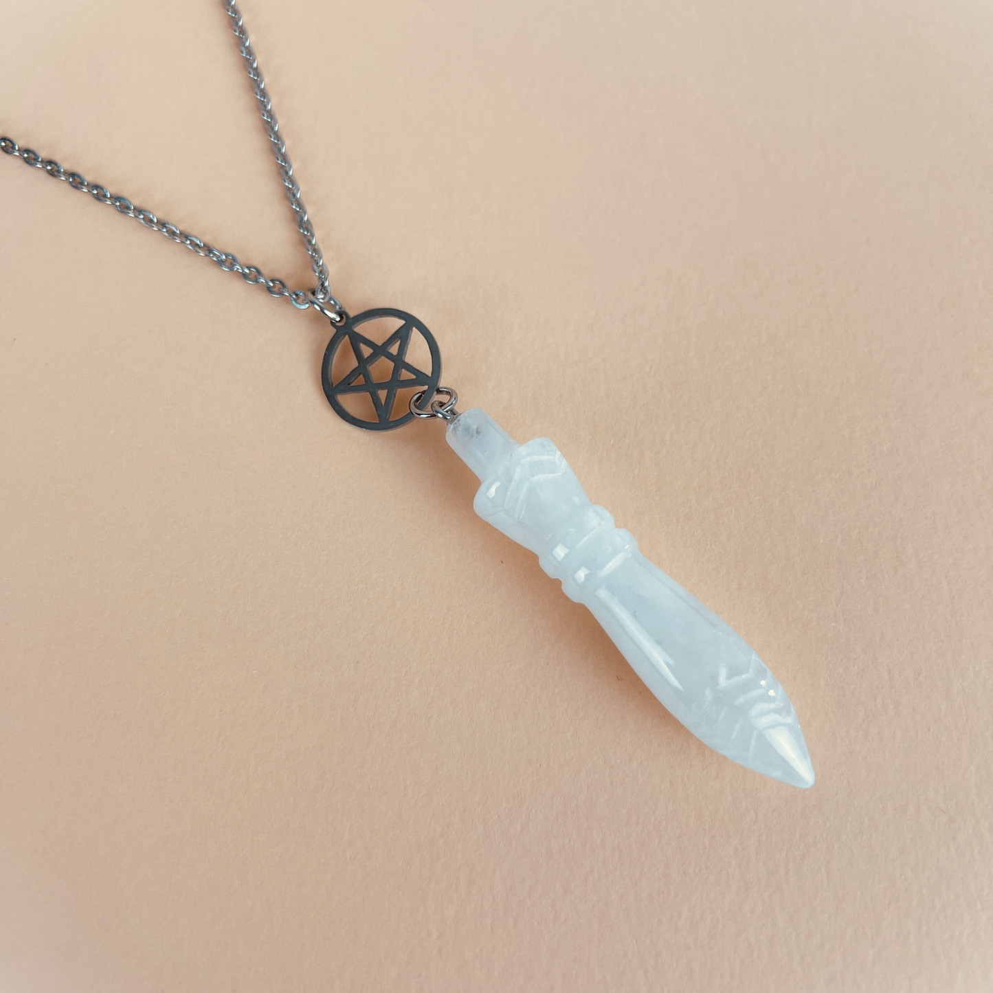 Engraved Egyptian Thot pendulum necklace, clear quartz, pentacle, stainless steel Baguette Magick