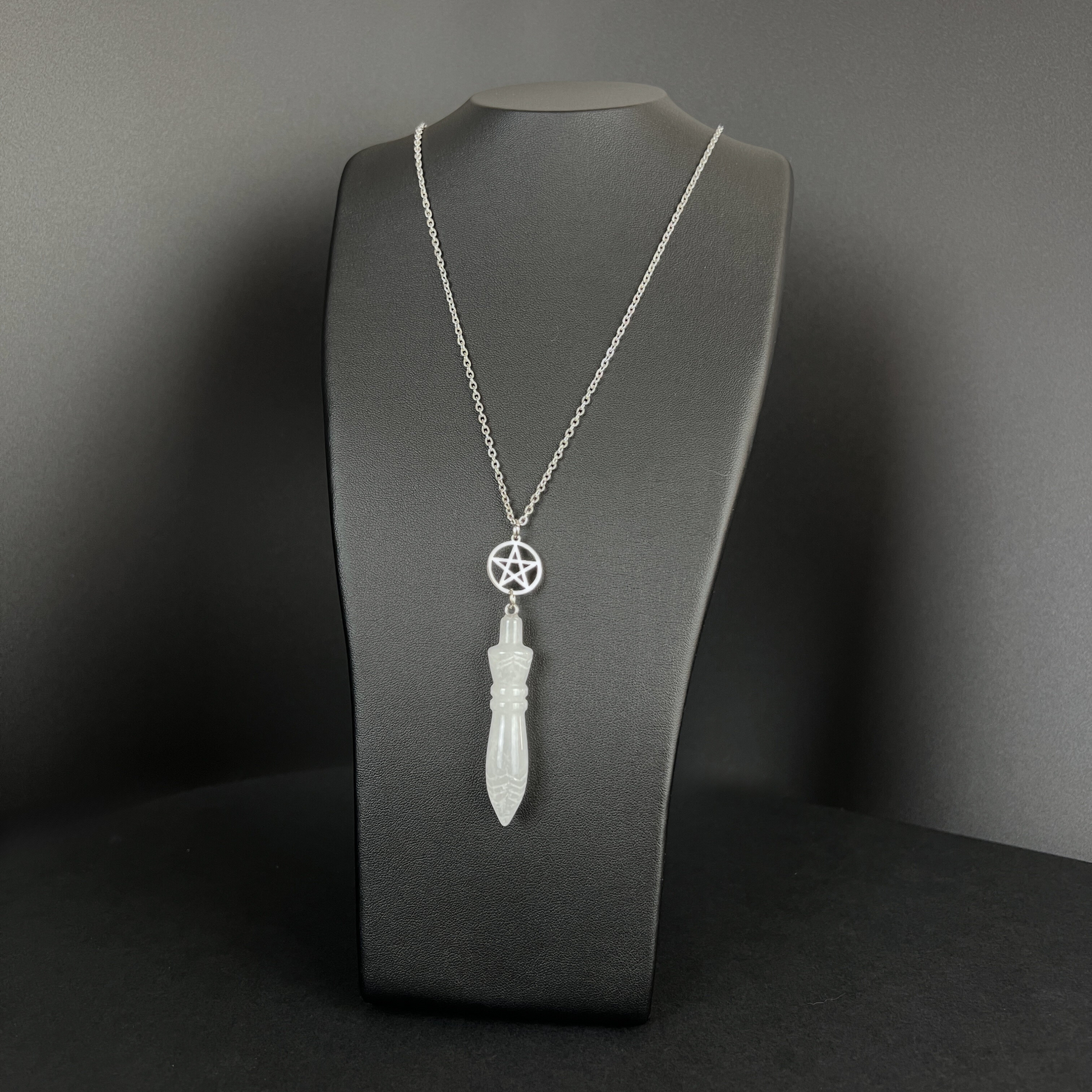 Engraved Egyptian Thot pendulum necklace, clear quartz, pentacle, stainless steel Baguette Magick