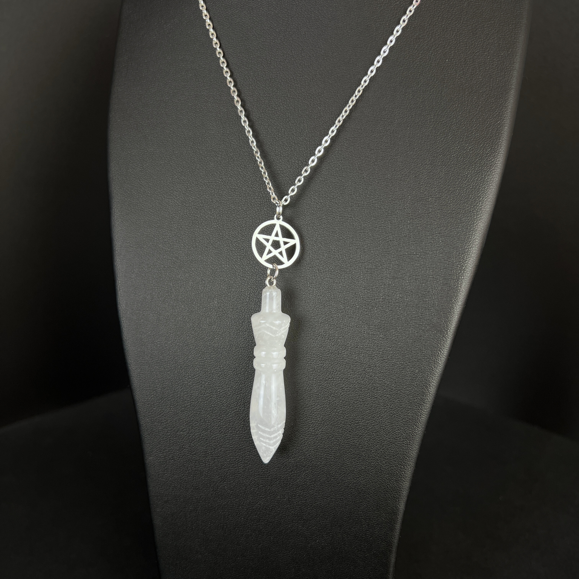 Engraved Egyptian Thot pendulum necklace, clear quartz, pentacle, stainless steel Baguette Magick