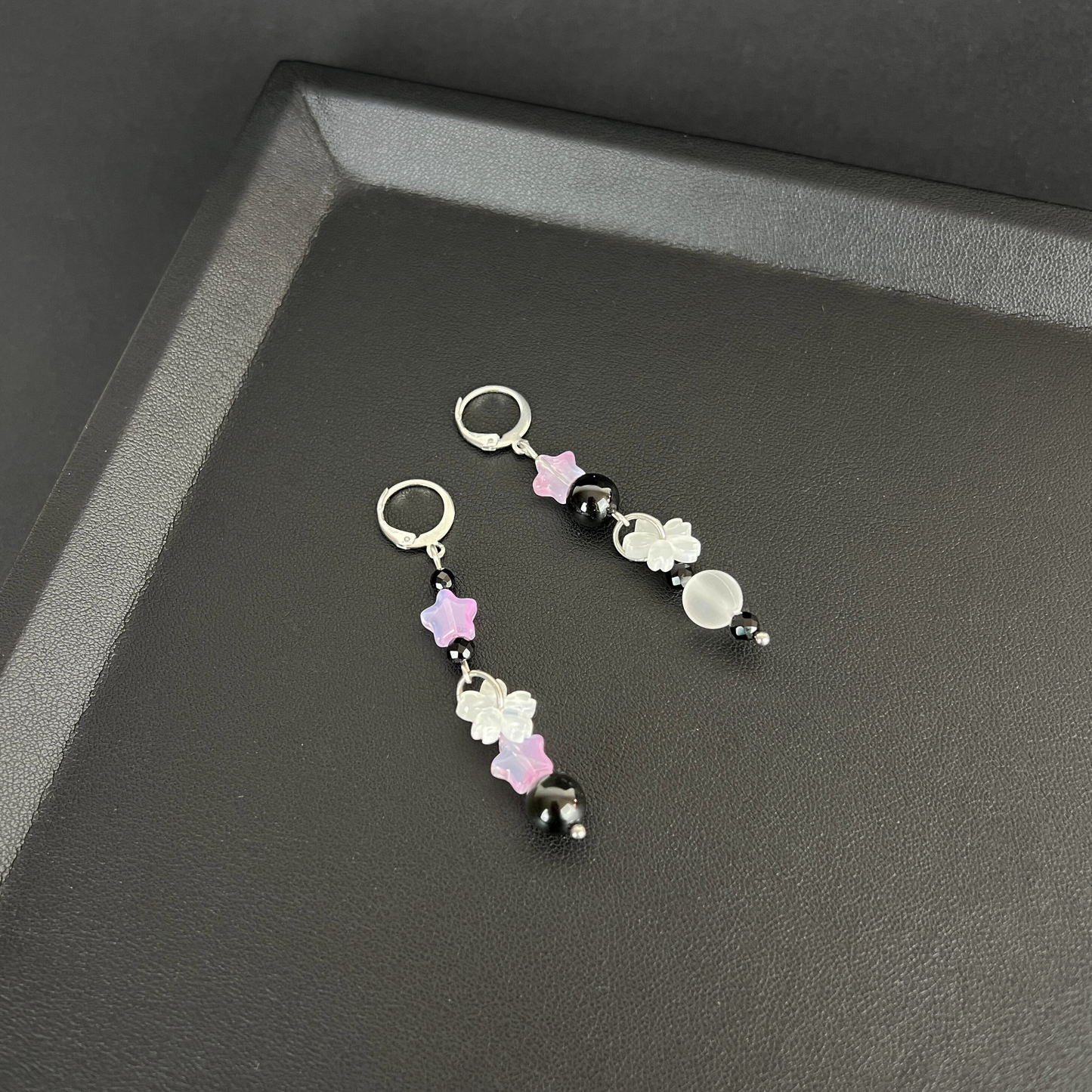 The Celestial Nocture earrings: Rainbow Obsisidan, Onyx, Holo glass, stars and Sakura, stainless steel Baguette Magick