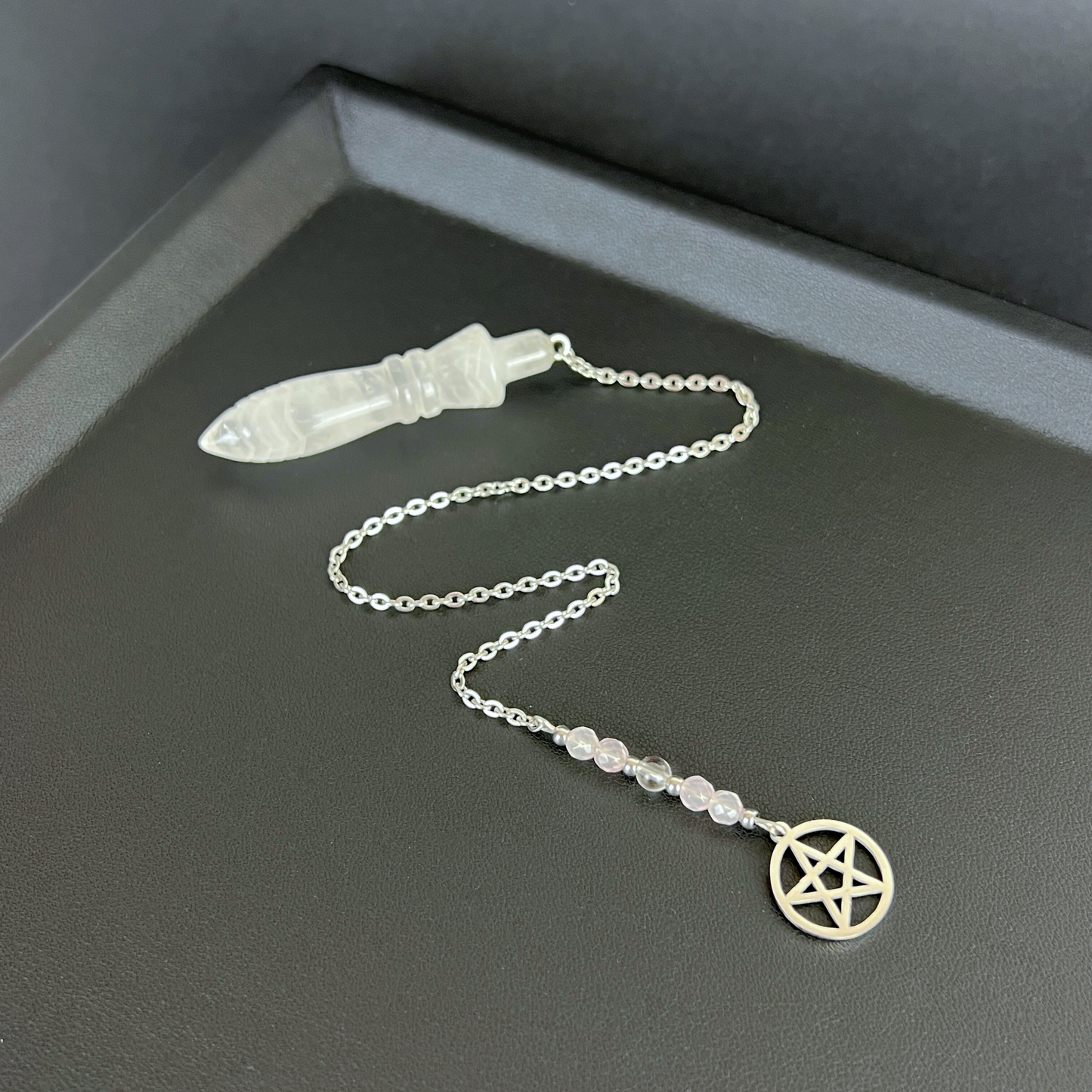 Engraved Egyptian Thot pendulum, clear Quartz, Rose Quartz, stainless steel, Pentacle