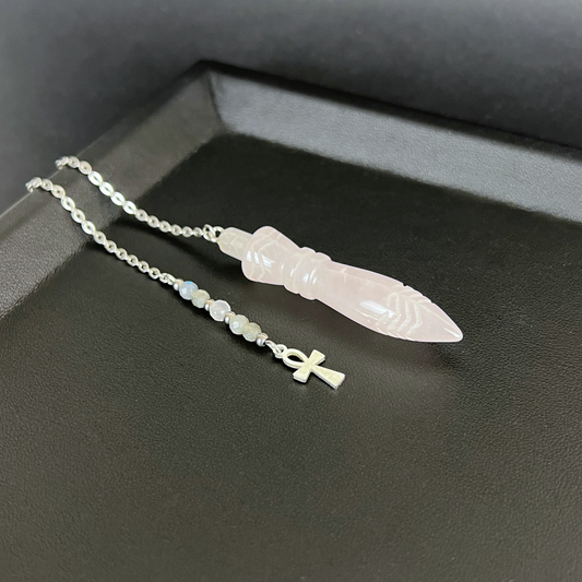 Engraved Egyptian Thot pendulum, Rose Quartz, Labradorite, stainless steel, Ankh