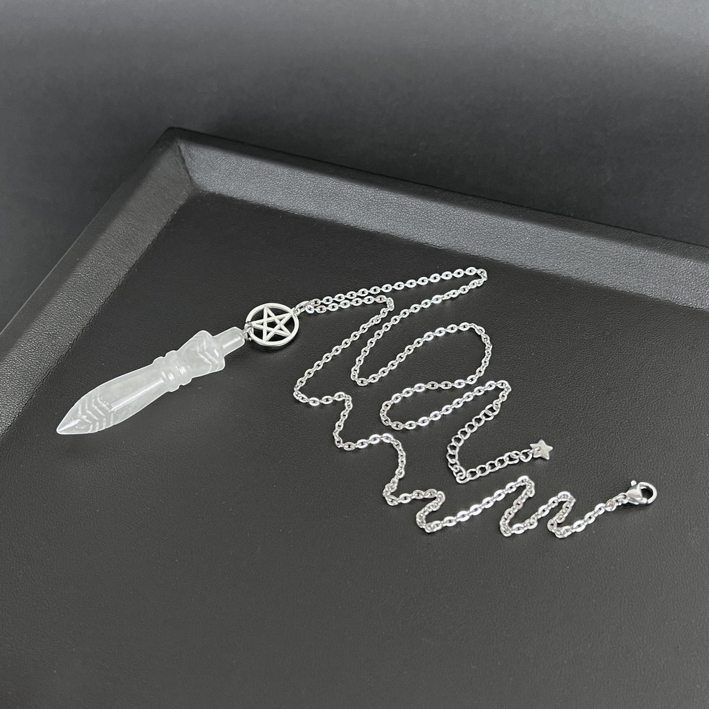 Engraved Egyptian Thot pendulum necklace, clear quartz, pentacle, stainless steel Baguette Magick