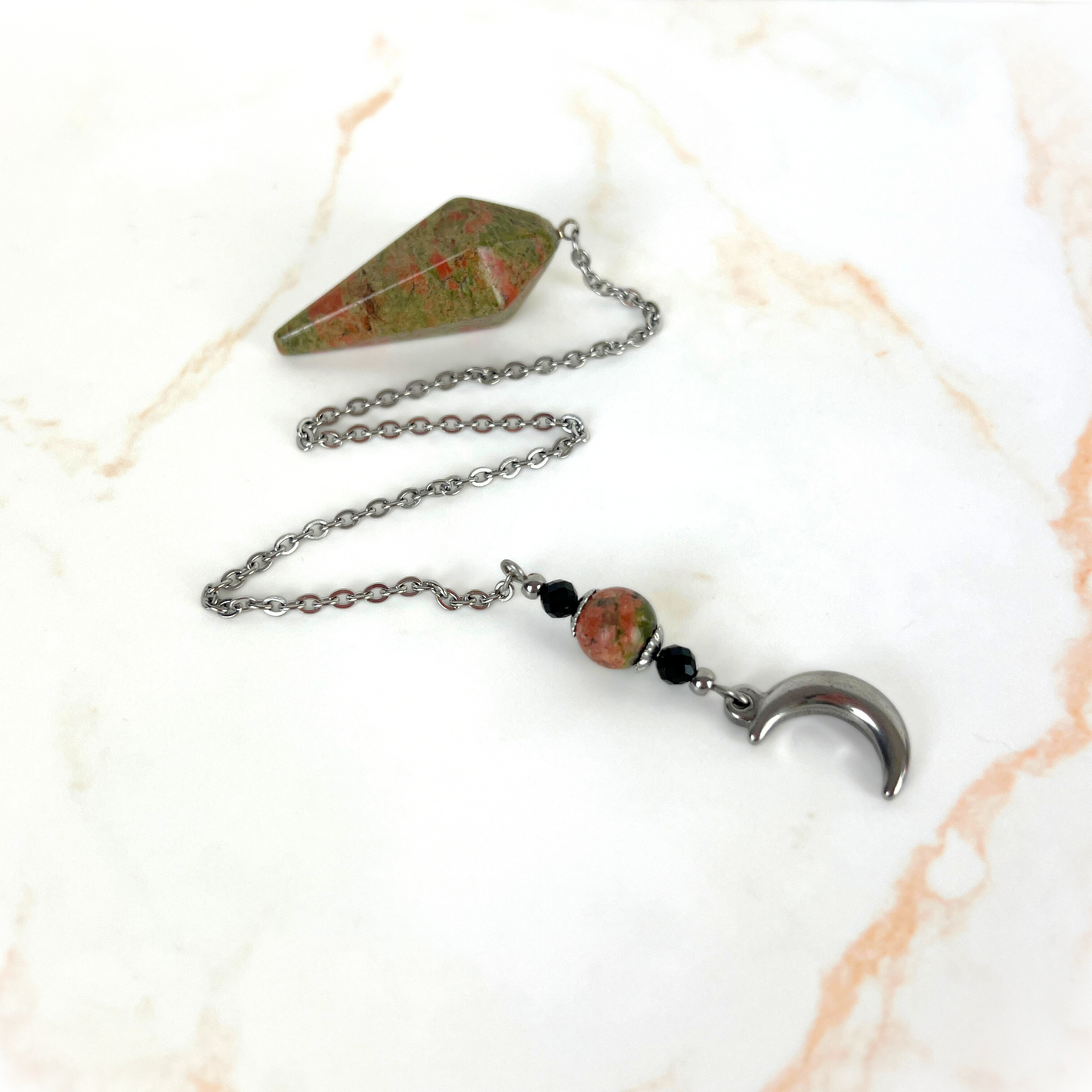 The Moonlight mystery pendulum, Unakite, Onyx, stainless steel