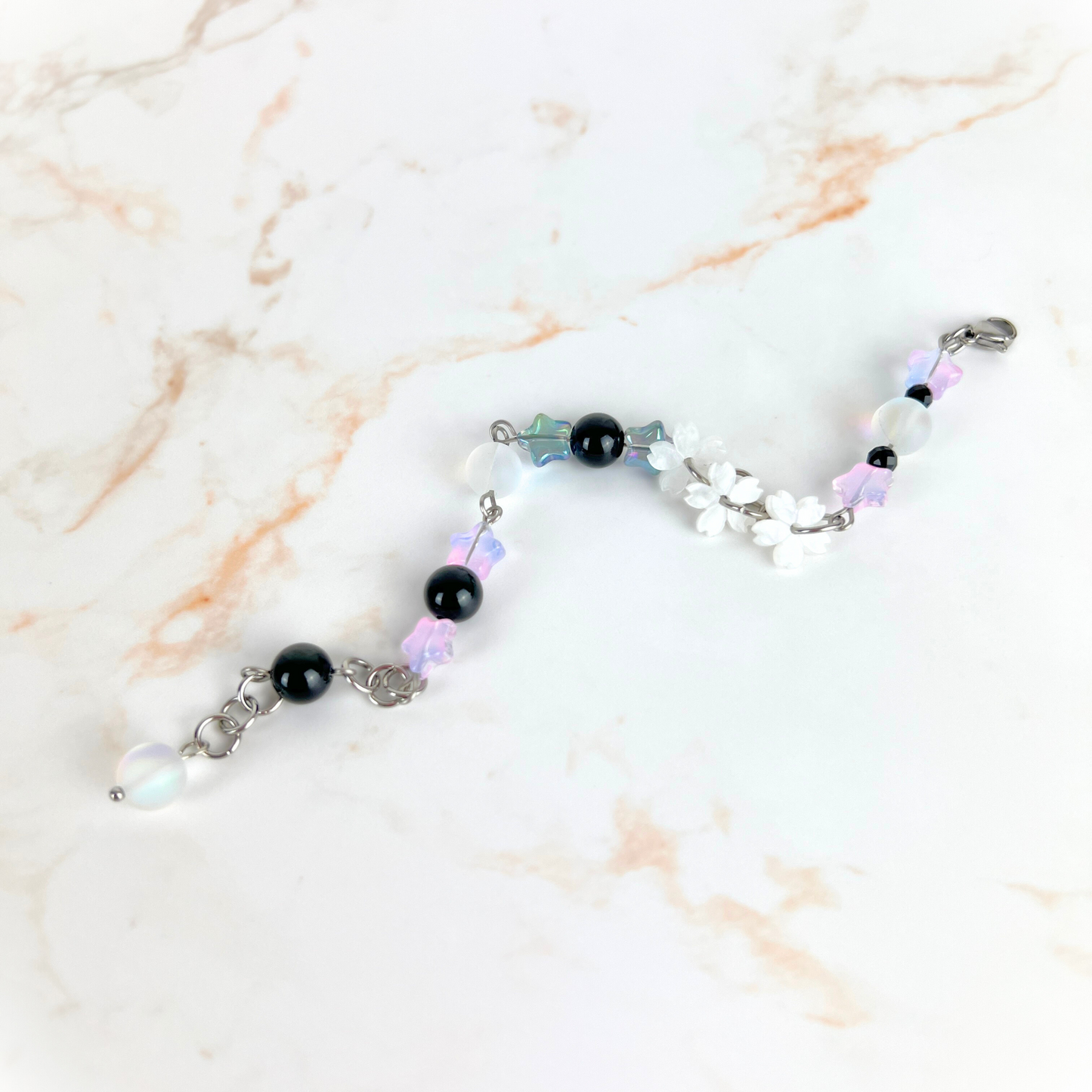 Celestial Nocturne Bracelet, Stainless Steel, Rainbow Obsidian, Onyx, acrylic Baguette Magick