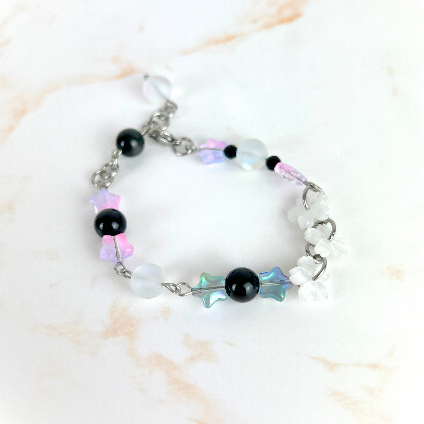 Celestial Nocturne Bracelet, Stainless Steel, Rainbow Obsidian, Onyx, acrylic Baguette Magick