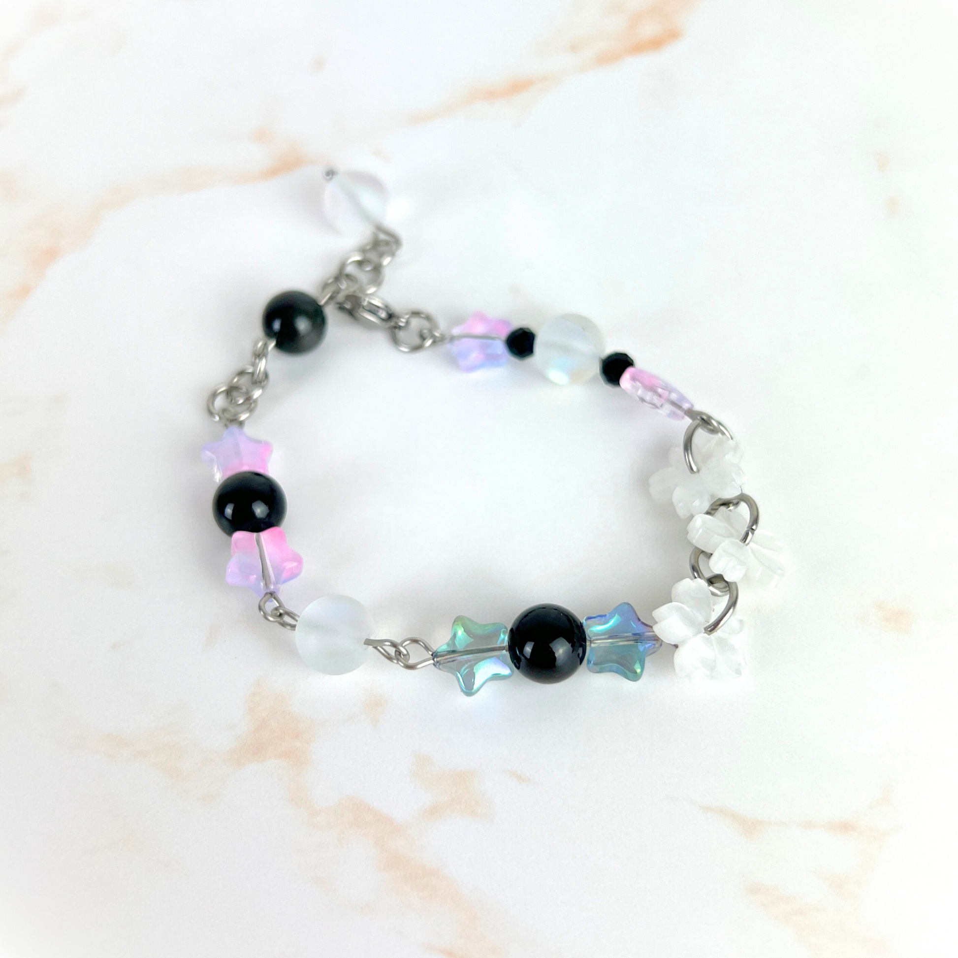 Celestial Nocturne Bracelet, Stainless Steel, Rainbow Obsidian, Onyx, acrylic Baguette Magick