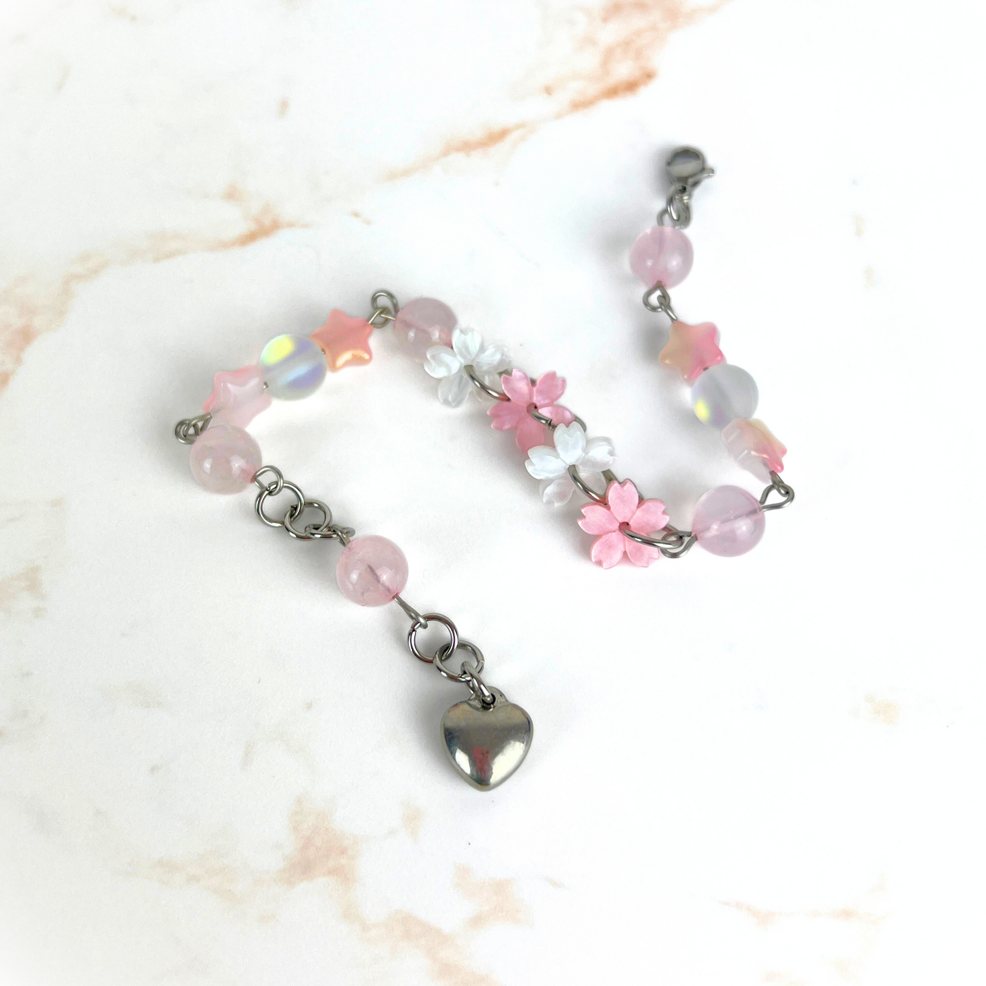 Celestial Cherry Blossom Bracelet, Stainless Steel, Rose Quartz, acrylic Baguette Magick