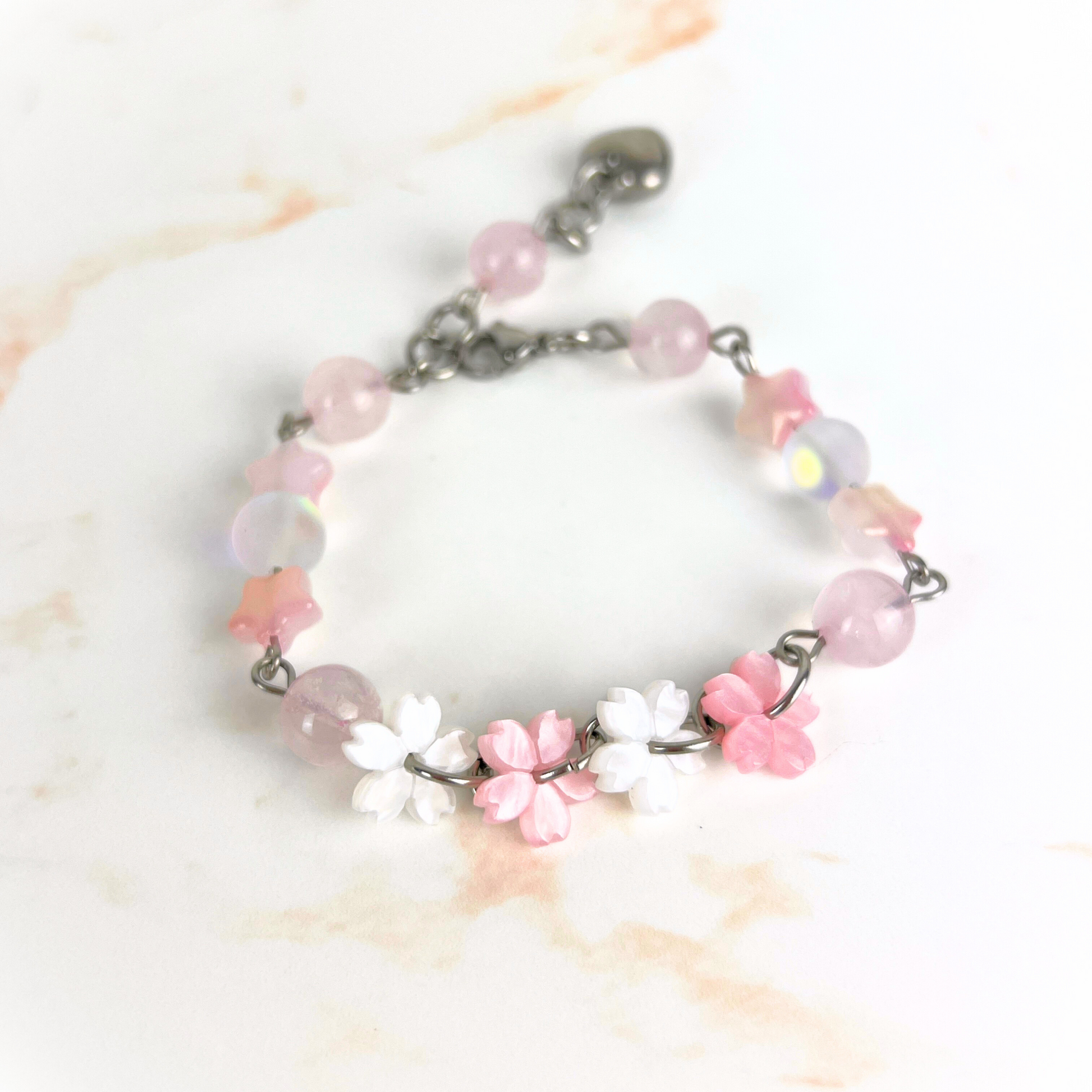 Celestial Cherry Blossom Bracelet, Stainless Steel, Rose Quartz, acrylic Baguette Magick